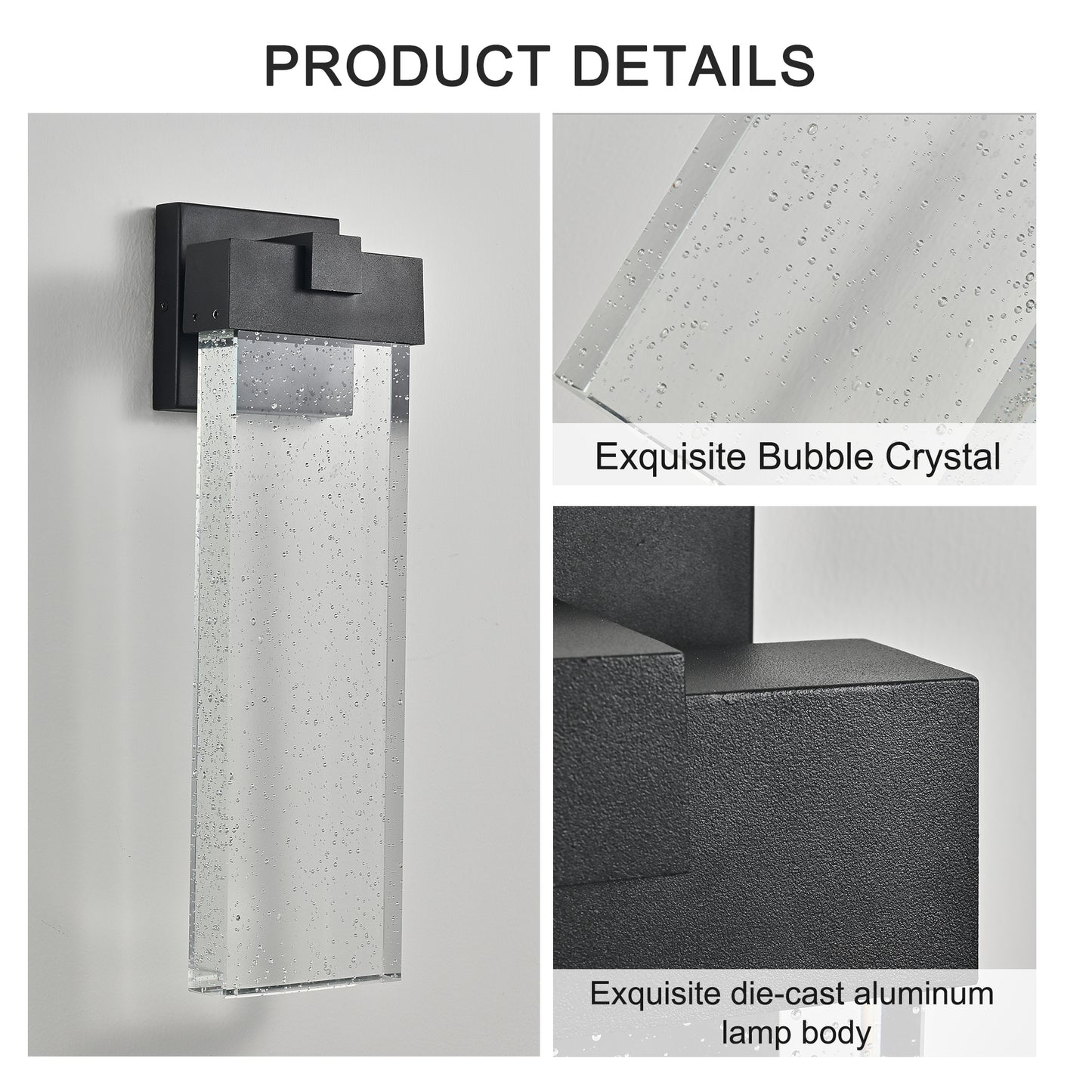 1-pack Modern Outdoor Wall Light Fixture, Weatherproof LED Wall Sconce with Bubble Crystal, Black Finish, Up and Down Lighting for Porch, Patio, and Garden