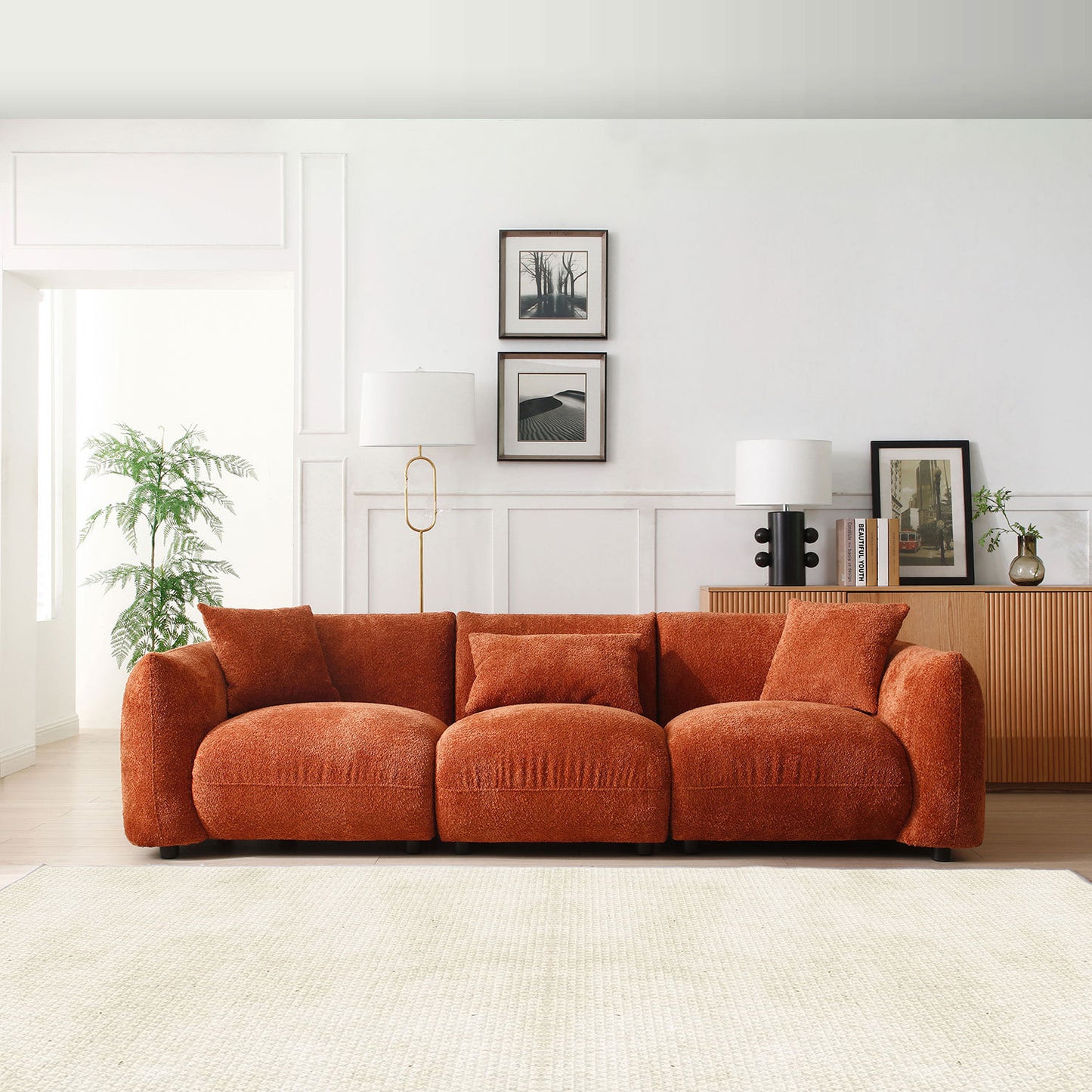 Mid Century Modern Couch 3-Seater Sofa for Living Room, Bedroom. Orange