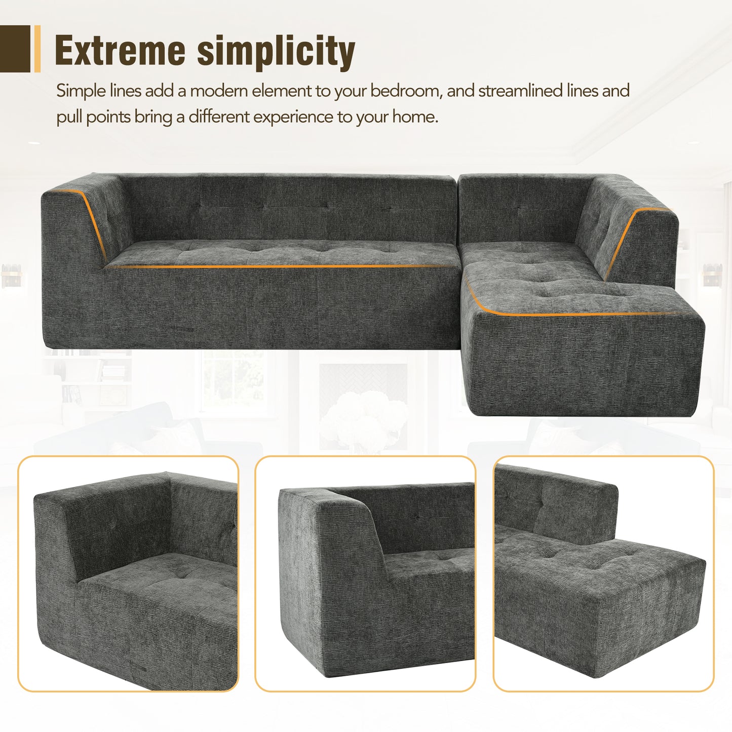 112.2*74" Modular Modular Combination Living Room Sofa Set, Modern Minimalist Sofa, Living Room Upholstered Sofa Bed, Bedroom, 2pcs Computer Free Combination, L-Shaped, Black Gray