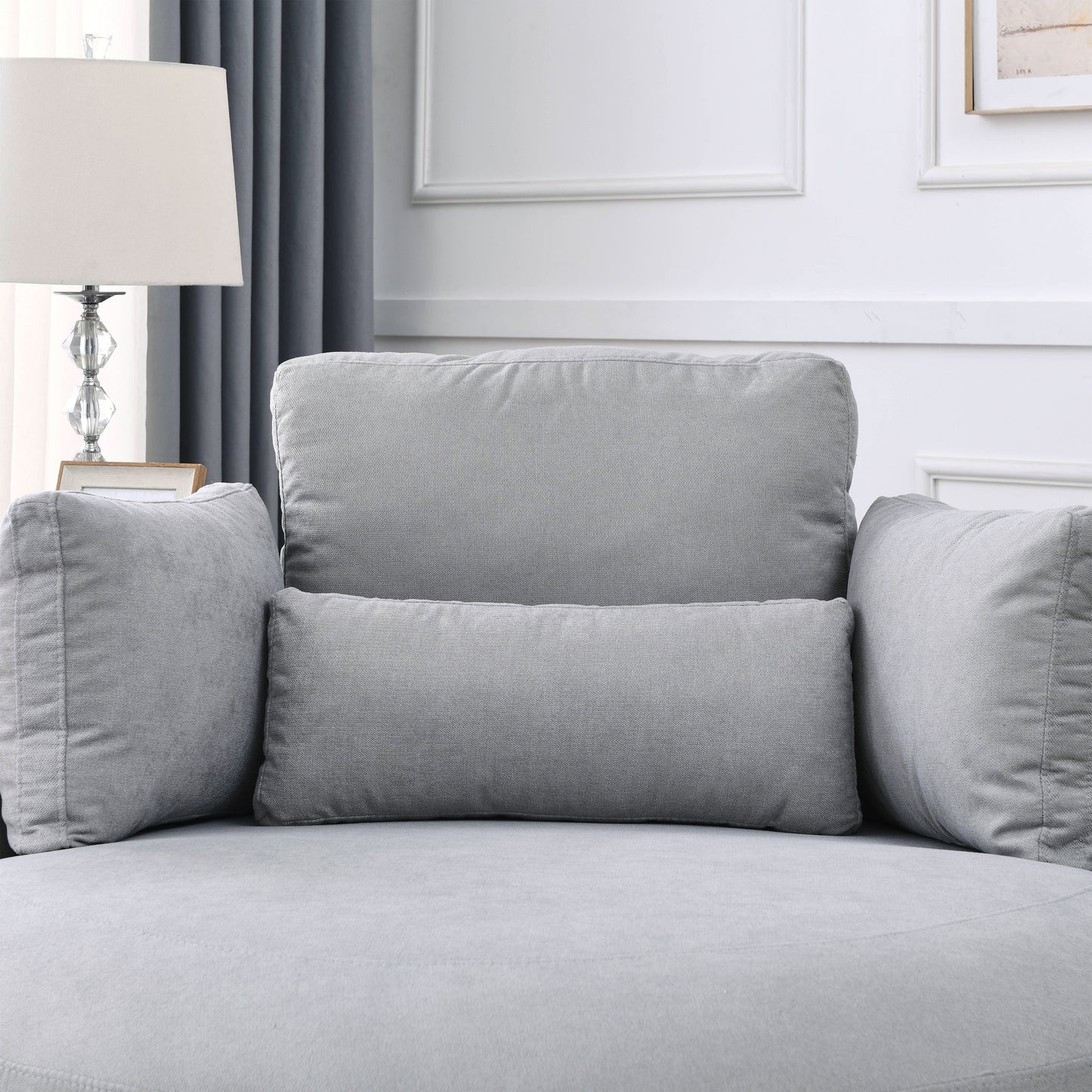 Swivel Accent Barrel Modern Grey Sofa Lounge Club Big Round Chair with Storage Ottoman Linen Fabric for Living Room Hotel with Pillows