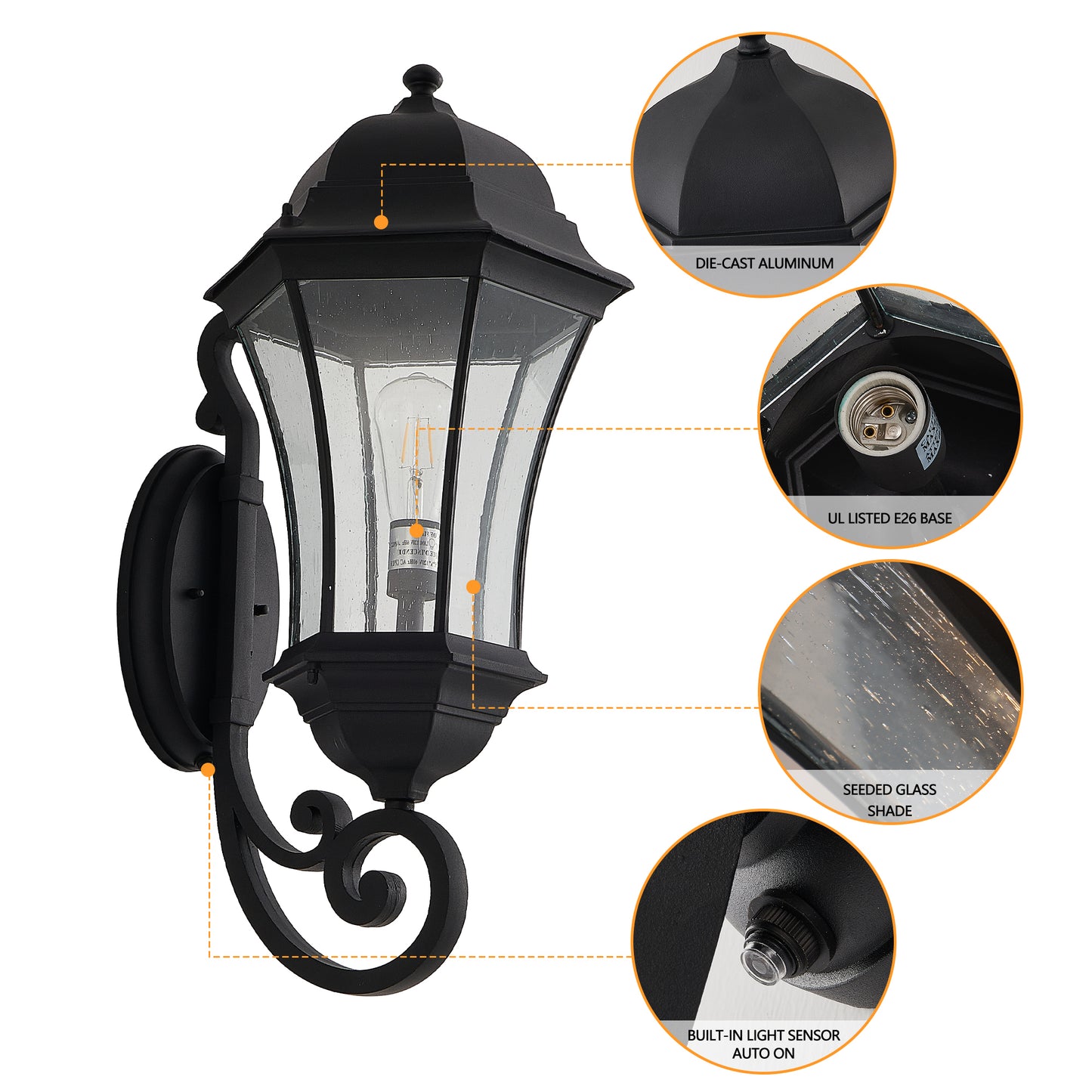 1-Pack Outdoor Wall Lantern with Dusk to Dawn Sensor, Black Weatherrproof Exterior Light Fixture with Clear Bubble Glass, Vintage Wall Sconce for Porch, Patio, Entryway, and Garage (No Bulb)