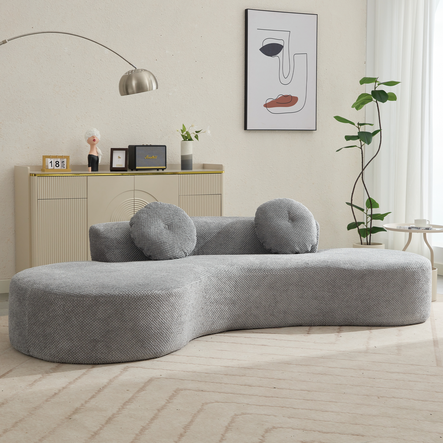 105.5''Curved Sofa, Modern Minimalist Sofa, Cloud Couch Sofa 3-4 Seater Couch with 2 Pillows,Bedroom, No Assembly Required, Point-shaped corduroy,(Anti-Wrinkle) , Gray