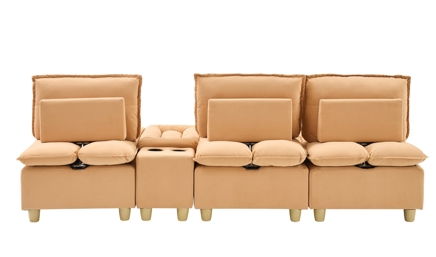 104-inch fashionable and minimalist straight-row three-seater pumpkin-colored flannel sofa with a storage compartment, cup holders and an adjustable backrest is suitable for living rooms and balconies