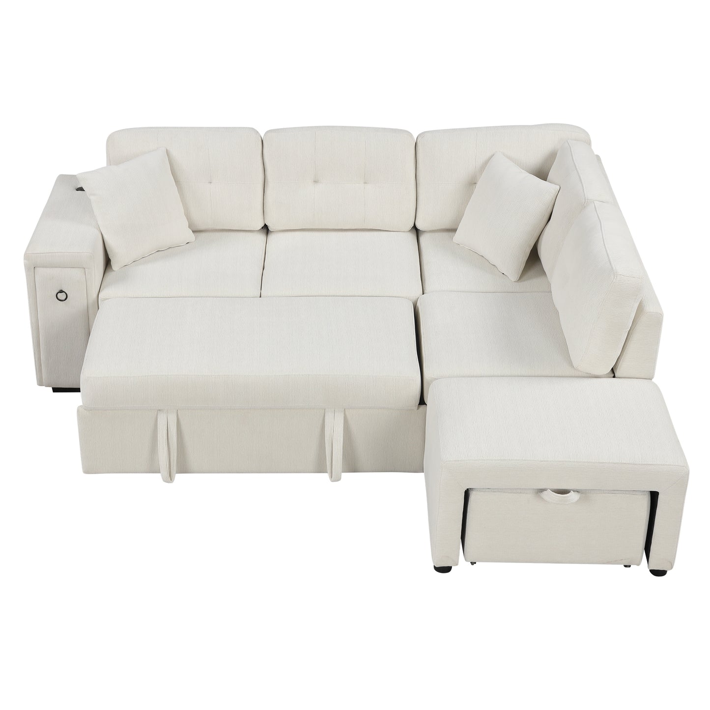 86.6" Sectional Sofa L-shaped Sofa Couch Pull-out Sofa Bed with a Movable Ottoman, Two USB Ports and Two Cup Holders for Living Room, Beige