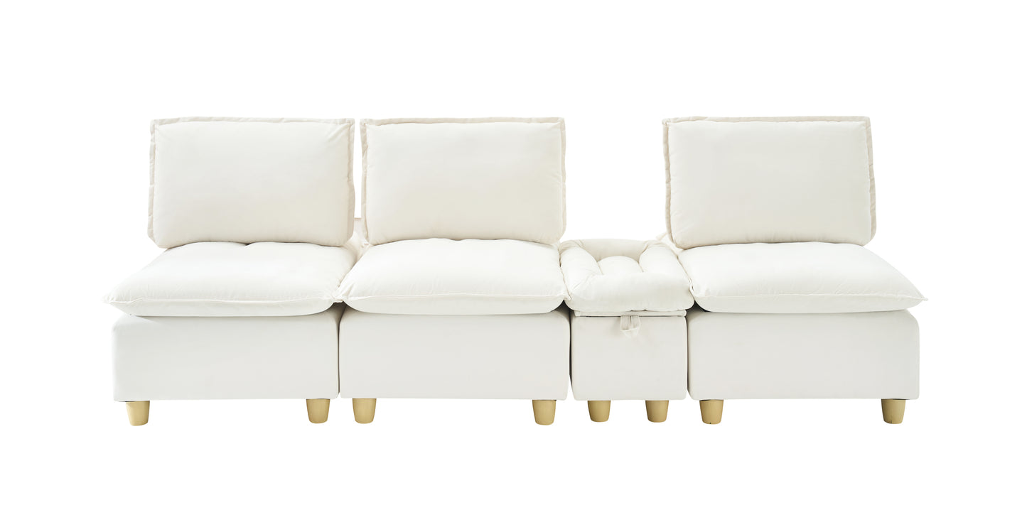 104-inch fashionable and minimalist straight-row three-seater off-white flannel sofa with a storage compartment, cup holders and an adjustable backrest, suitable for living rooms and balconies.