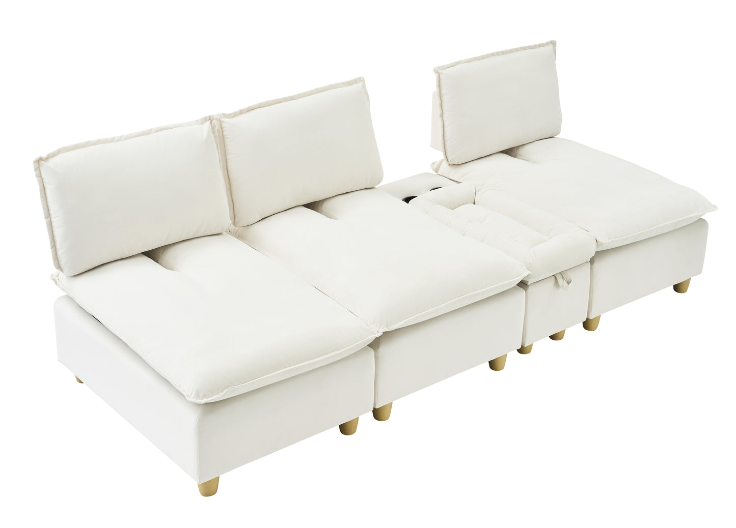 104-inch fashionable and minimalist straight-row three-seater off-white flannel sofa with a storage compartment, cup holders and an adjustable backrest, suitable for living rooms and balconies.