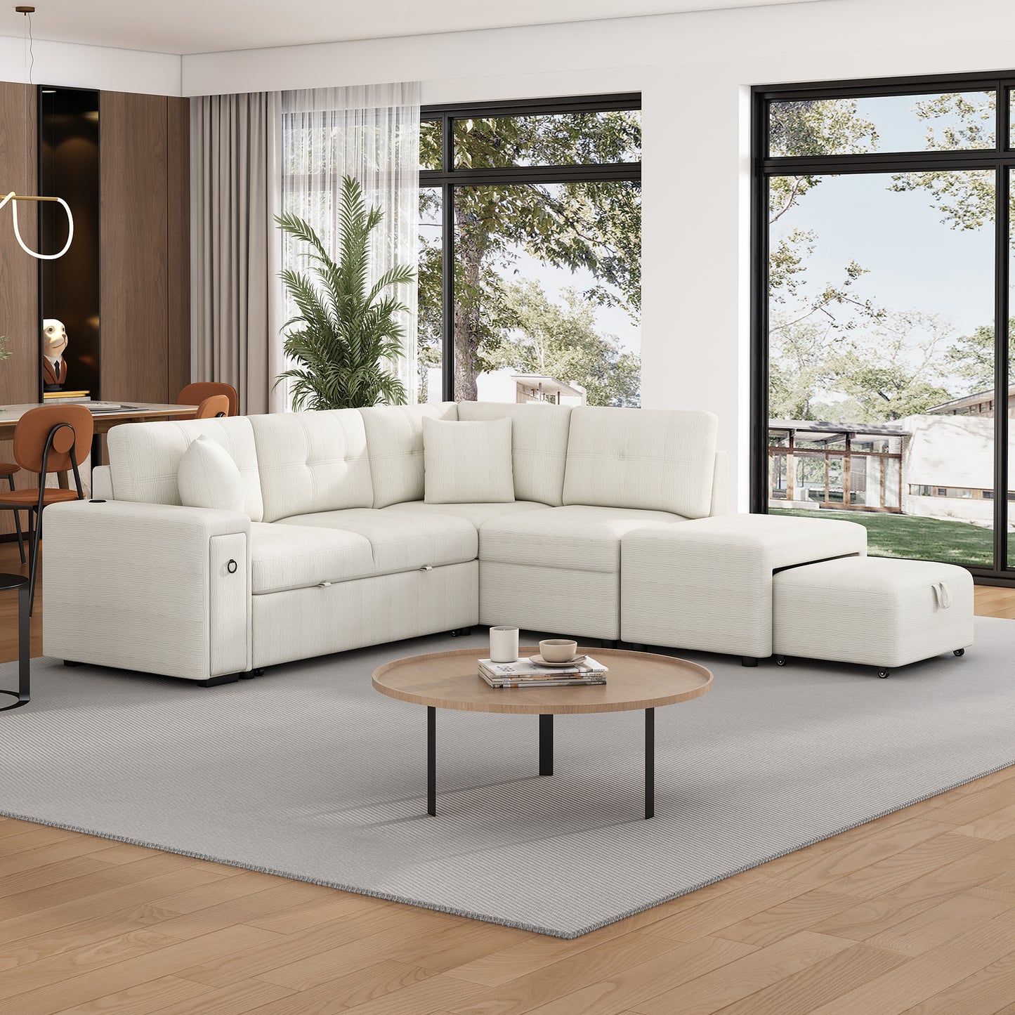 86.6" Sectional Sofa L-shaped Sofa Couch Pull-out Sofa Bed with a Movable Ottoman, Two USB Ports and Two Cup Holders for Living Room, Beige