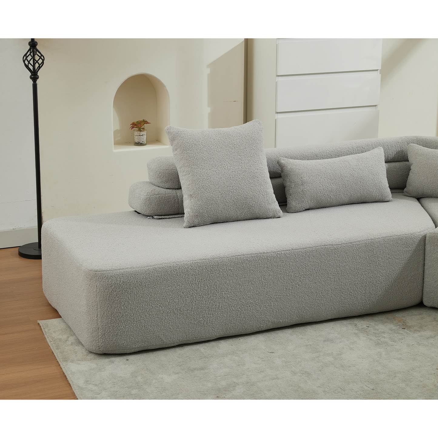 128"Minimalist Cloud Sectional Couch ,Modern Couches ,4-Seater ,No Assembly,Two modular sofa,Boucle Teddy Fabric, upholstered , anti-wrinkle fabric,Light Gray