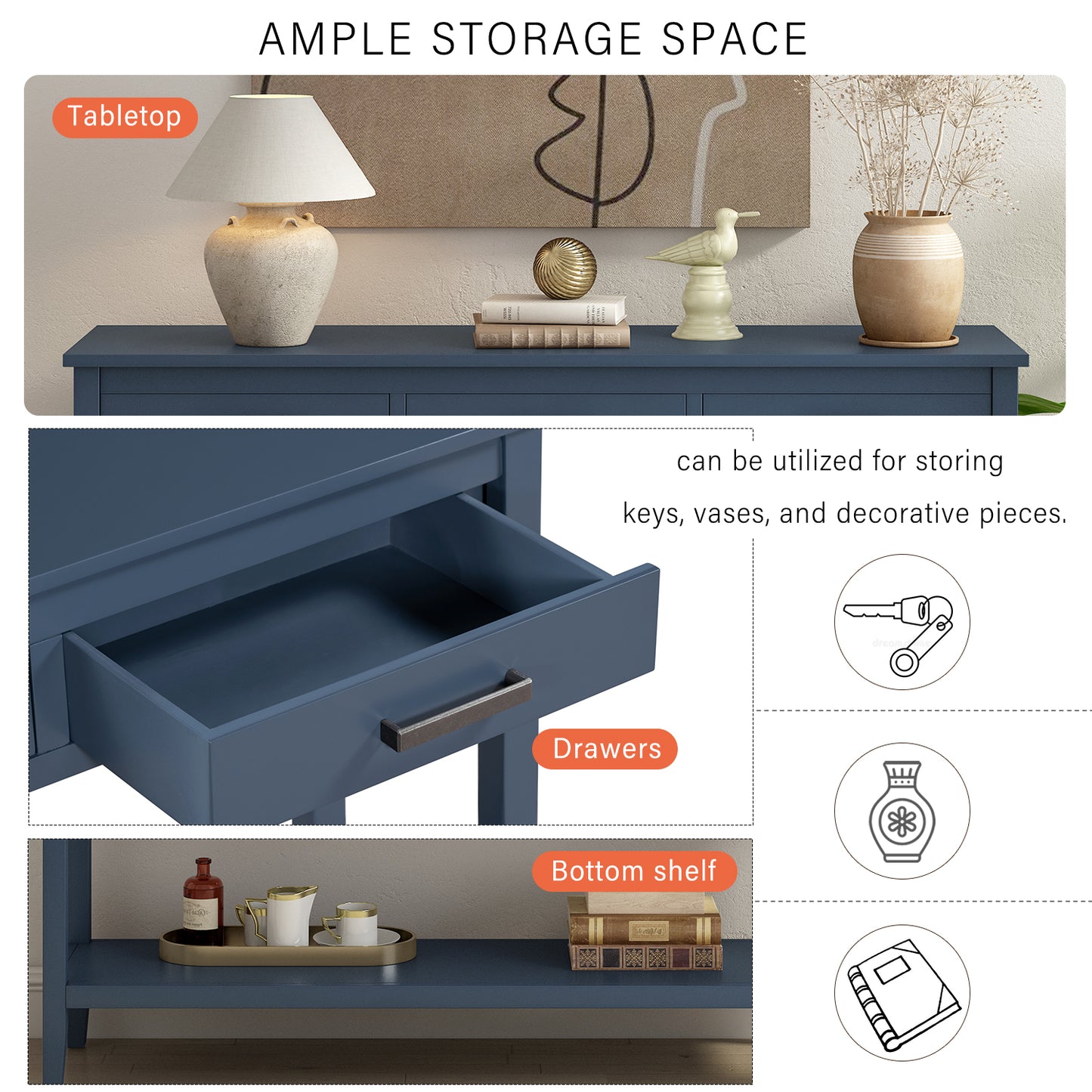 Contemporary 3-Drawer Console Table with 1 Shelf, Entrance Table for Entryway, Hallway, Living Room, Foyer, Corridor
