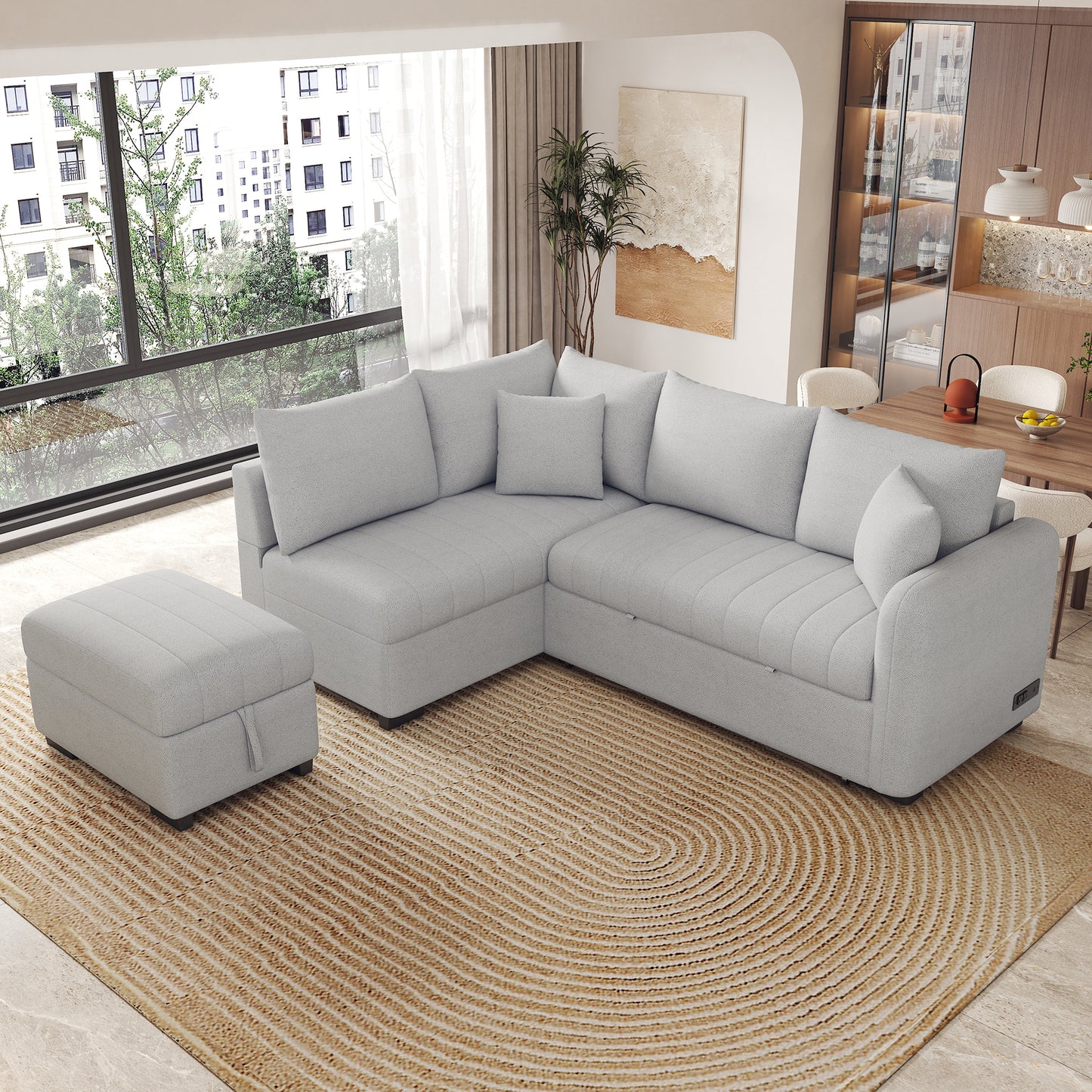 82.6" L-shaped Sectional Pull Out Sofa Bed Sleeper Sofa with Two USB Ports, Two Power Sockets and a Movable Storage Ottoman, Gray