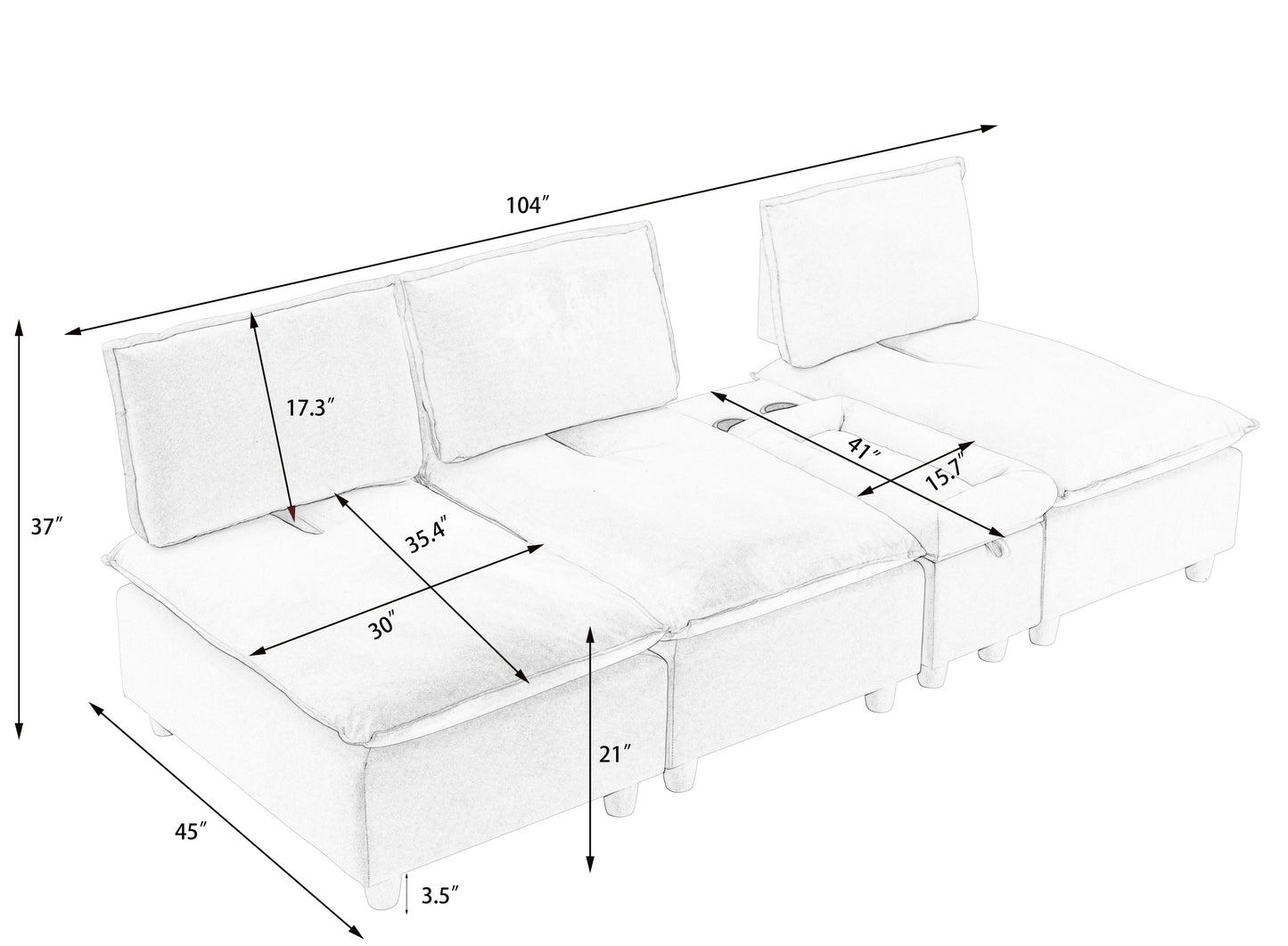 104-inch fashionable and minimalist straight-row three-seater pumpkin-colored flannel sofa with a storage compartment, cup holders and an adjustable backrest is suitable for living rooms and balconies