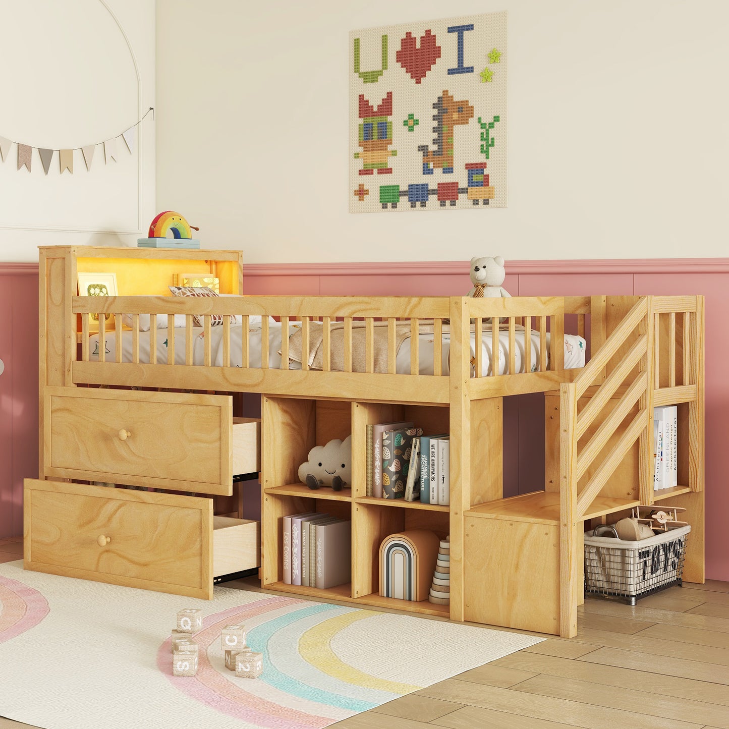 Twin Size Loft Bed with LED and Bookshelf, Wood Low Loft Bed with Stairs, Kids Twin Loft Bed with Storage Drawers and Shelves, Natural (Expect Arrival Date 2025/1/20)