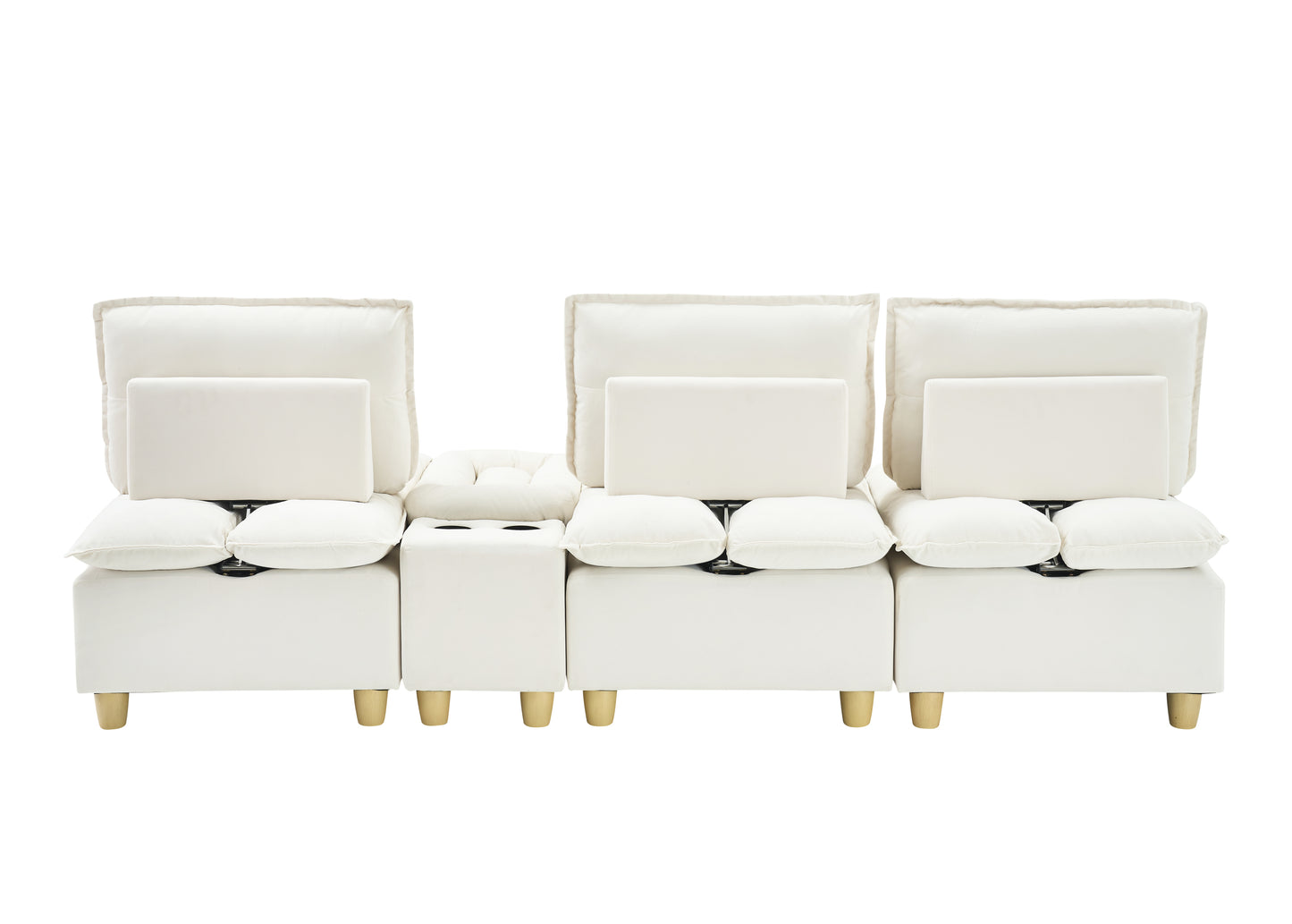 104-inch fashionable and minimalist straight-row three-seater off-white flannel sofa with a storage compartment, cup holders and an adjustable backrest, suitable for living rooms and balconies.