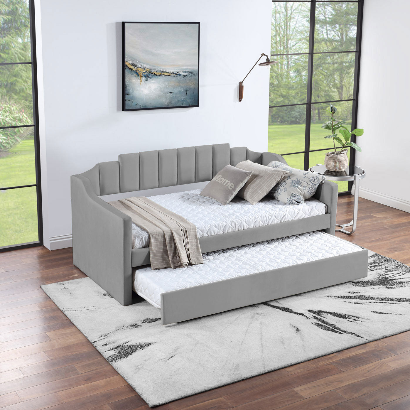 Velvet Daybed with Trundle Upholstered Tufted Sofa Bed, both Twin Size, Grey