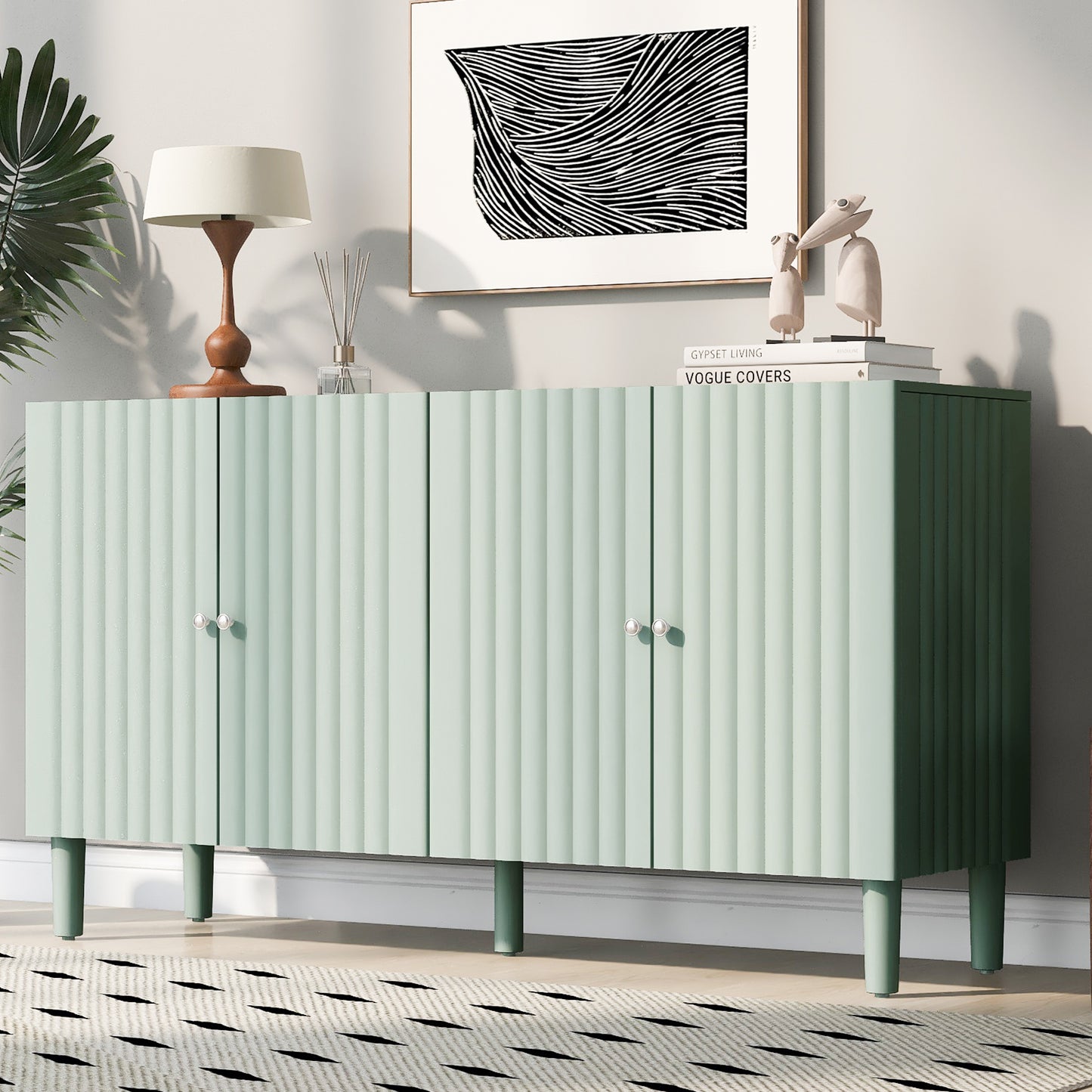 Elegant Four-Door Sideboard with Wavy Pattern Doors, Cylindrical Legs, and Sleek Metal Handles, Adjustable, Suitable for Study, Entryway and Living Room