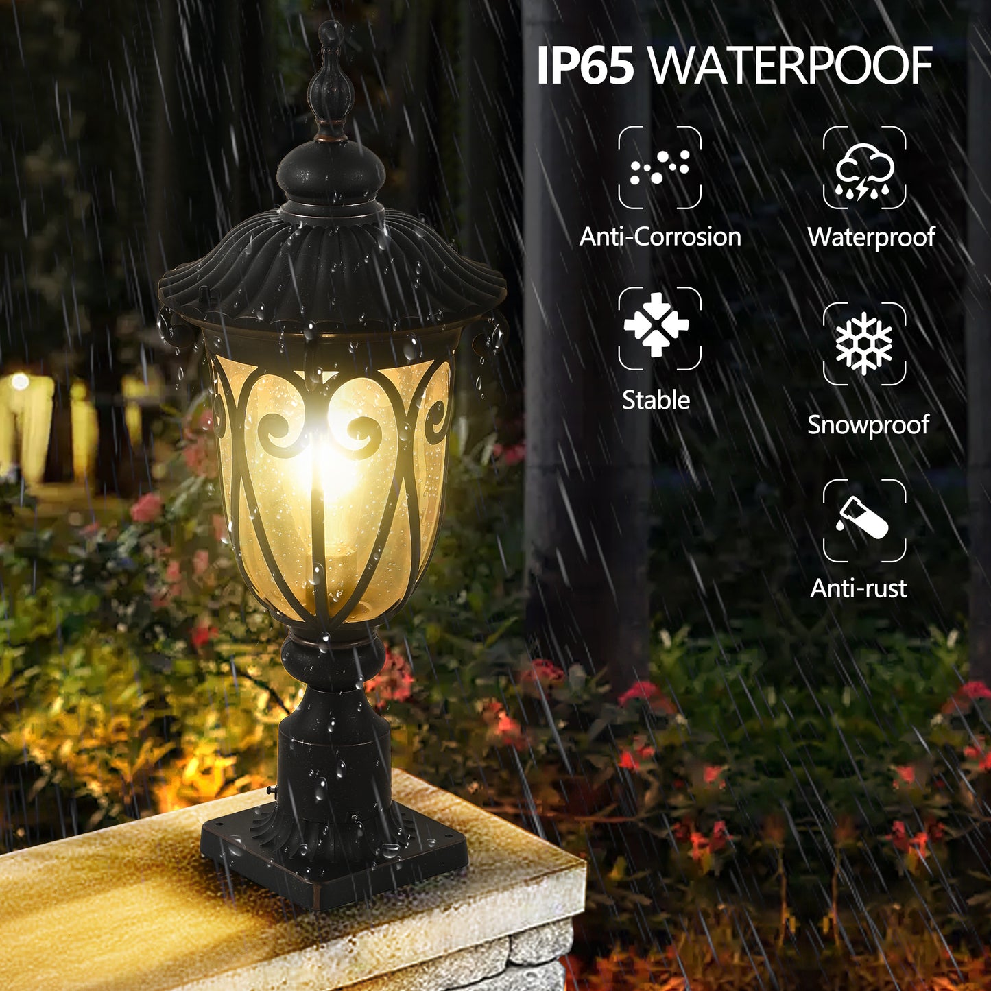 1-pack Vintage Black Outdoor Post Lantern - Waterproof Aluminum Lamp Post Light with Bubble Glass, Decorative Garden Pathway Lighting for Yard, Patio, or Driveway (Bulb Not Included)