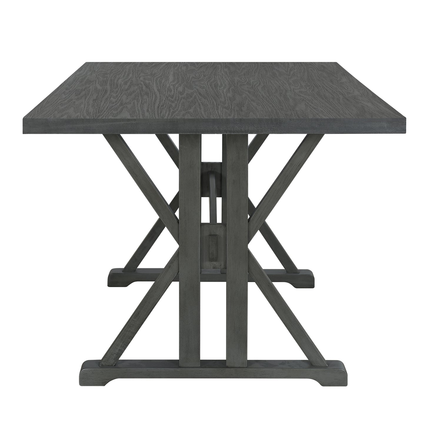 Farmhouse Classical 6-Piece Dining Table Set with Trestle Legs,Kitchen Table Set for 6 with 4 Upholstered Dining Chairs and Bench, Grey