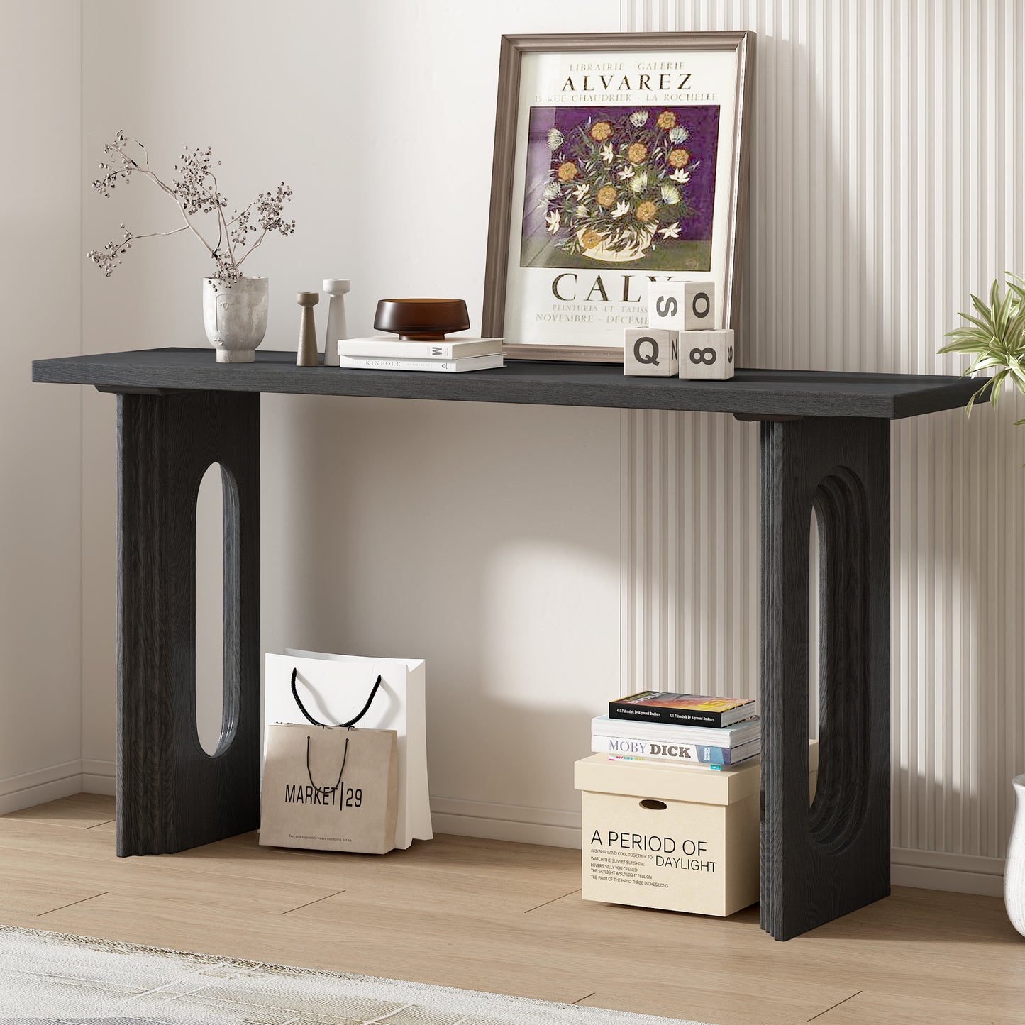 Uniquely Designed Console Table made of Fraxinus Mandschuric Solid Wood Veneer,with Distinctive Round Hollow Legs, Suitable for Foyer, Living Room, or Hallway.
