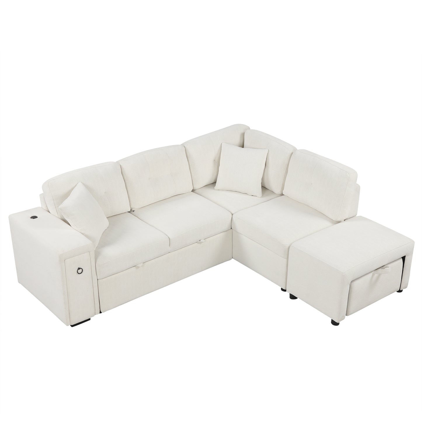 86.6" Sectional Sofa L-shaped Sofa Couch Pull-out Sofa Bed with a Movable Ottoman, Two USB Ports and Two Cup Holders for Living Room, Beige