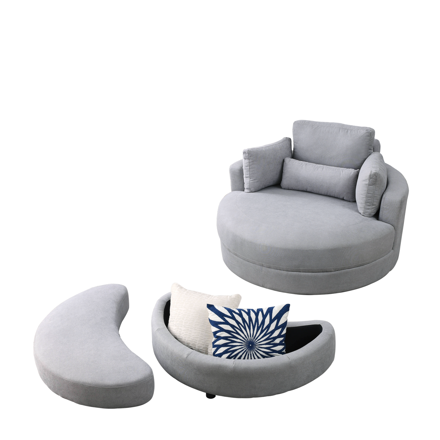 Swivel Accent Barrel Modern Grey Sofa Lounge Club Big Round Chair with Storage Ottoman Linen Fabric for Living Room Hotel with Pillows