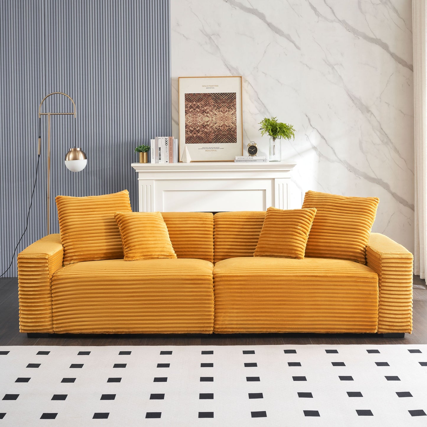 104.72-inch 4-seat large sofa with 4 throw pillows, living room sofa in orange corduroy comfort fabric