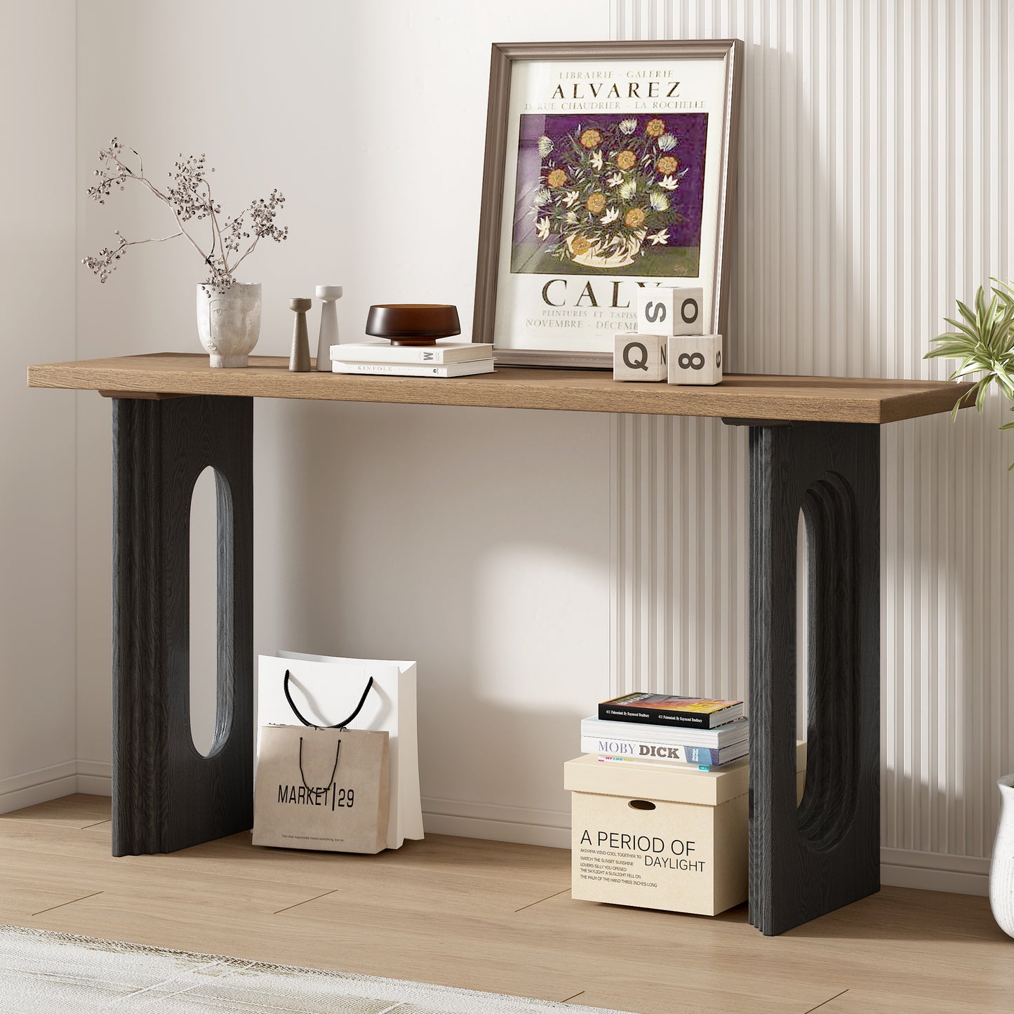 Uniquely Designed Console Table made of Fraxinus Mandschuric Solid Wood Veneer,with Distinctive Round Hollow Legs, Suitable for Foyer, Living Room, or Hallway.