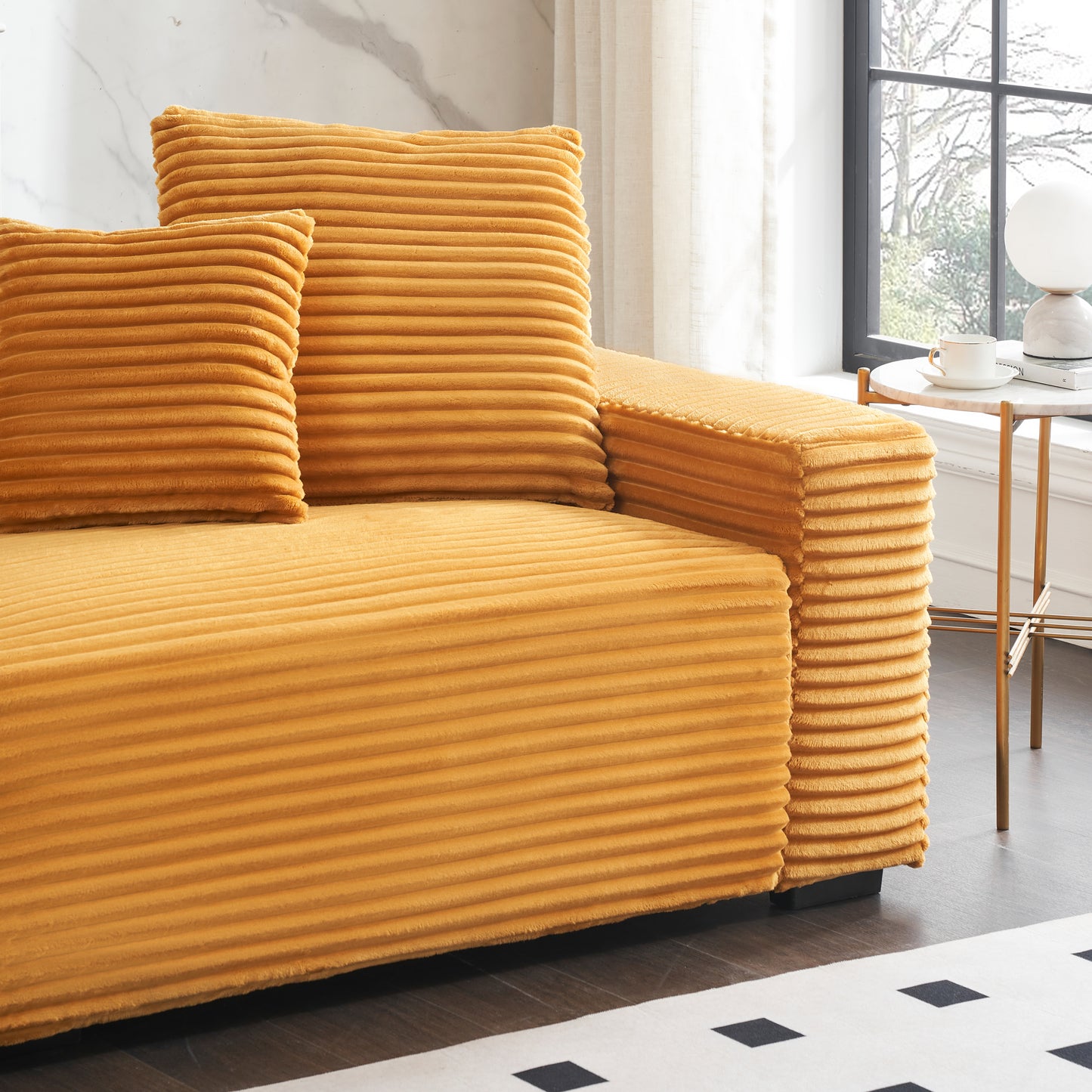 104.72-inch 4-seat large sofa with 4 throw pillows, living room sofa in orange corduroy comfort fabric