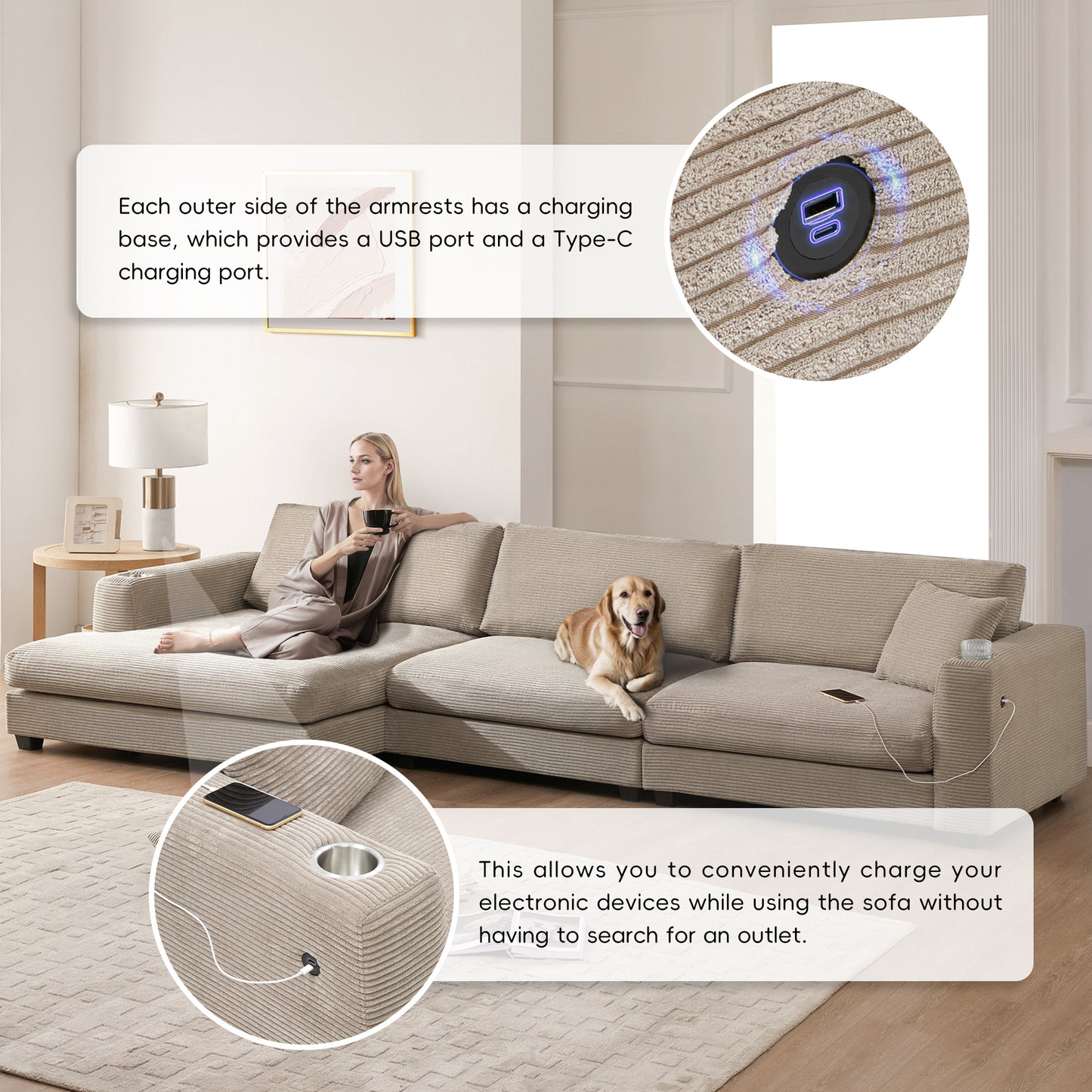 134*54" Oversized Corduroy Sectional Sofa,L Shaped Cloud Couch with USB Charging Port,Cup Holder,Deep and Wide Seat Sofa with 50" Chaise,Comfy Indoor Furniture for Living Room,3 Colors