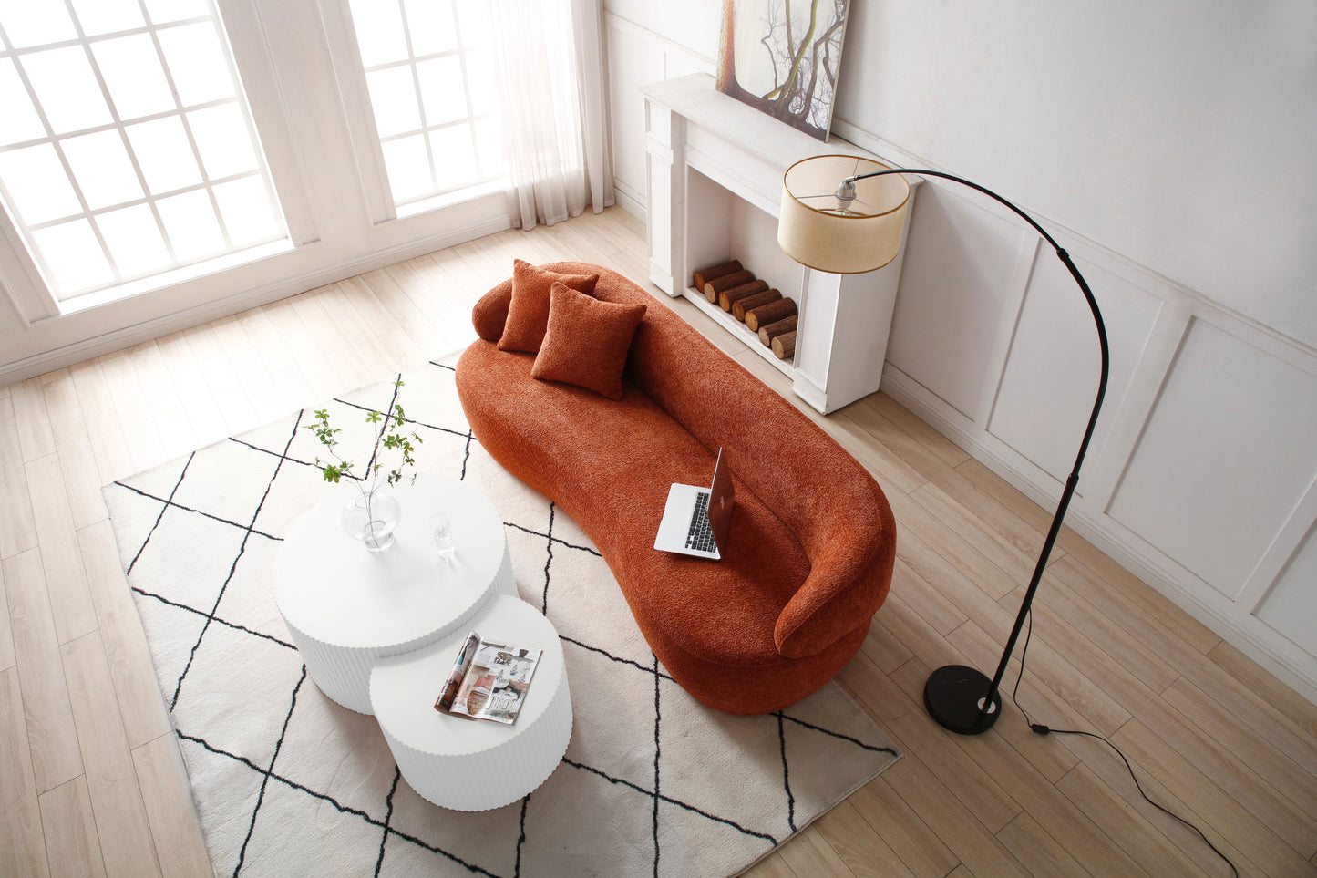 ORANGE Mid Century Modern Curved Sofa, 3 Seat Cloud couch Boucle sofa Fabric Couch for Living Room, Bedroom, Office