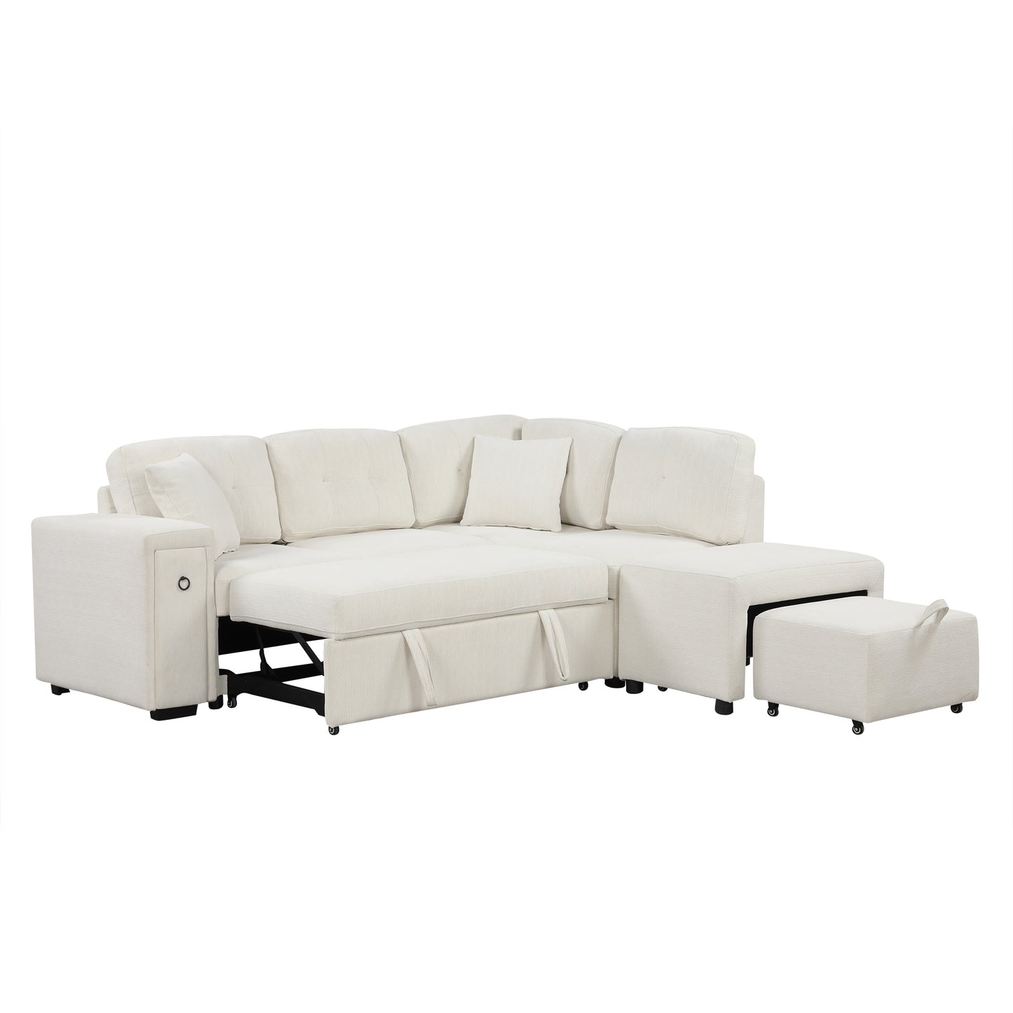 86.6" Sectional Sofa L-shaped Sofa Couch Pull-out Sofa Bed with a Movable Ottoman, Two USB Ports and Two Cup Holders for Living Room, Beige