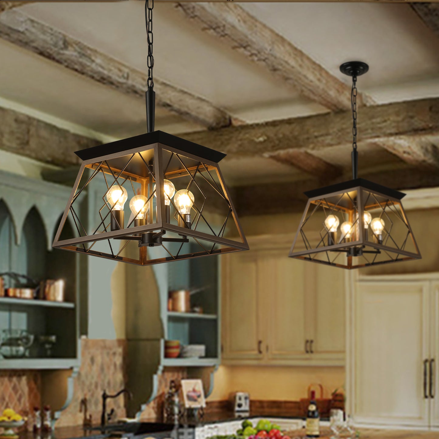 Farmhouse Chandelier 4-Light Vintage Antique Chandeliers Light Fixture For Kitchen Dining Room Living Room Walnut(No bulbs)