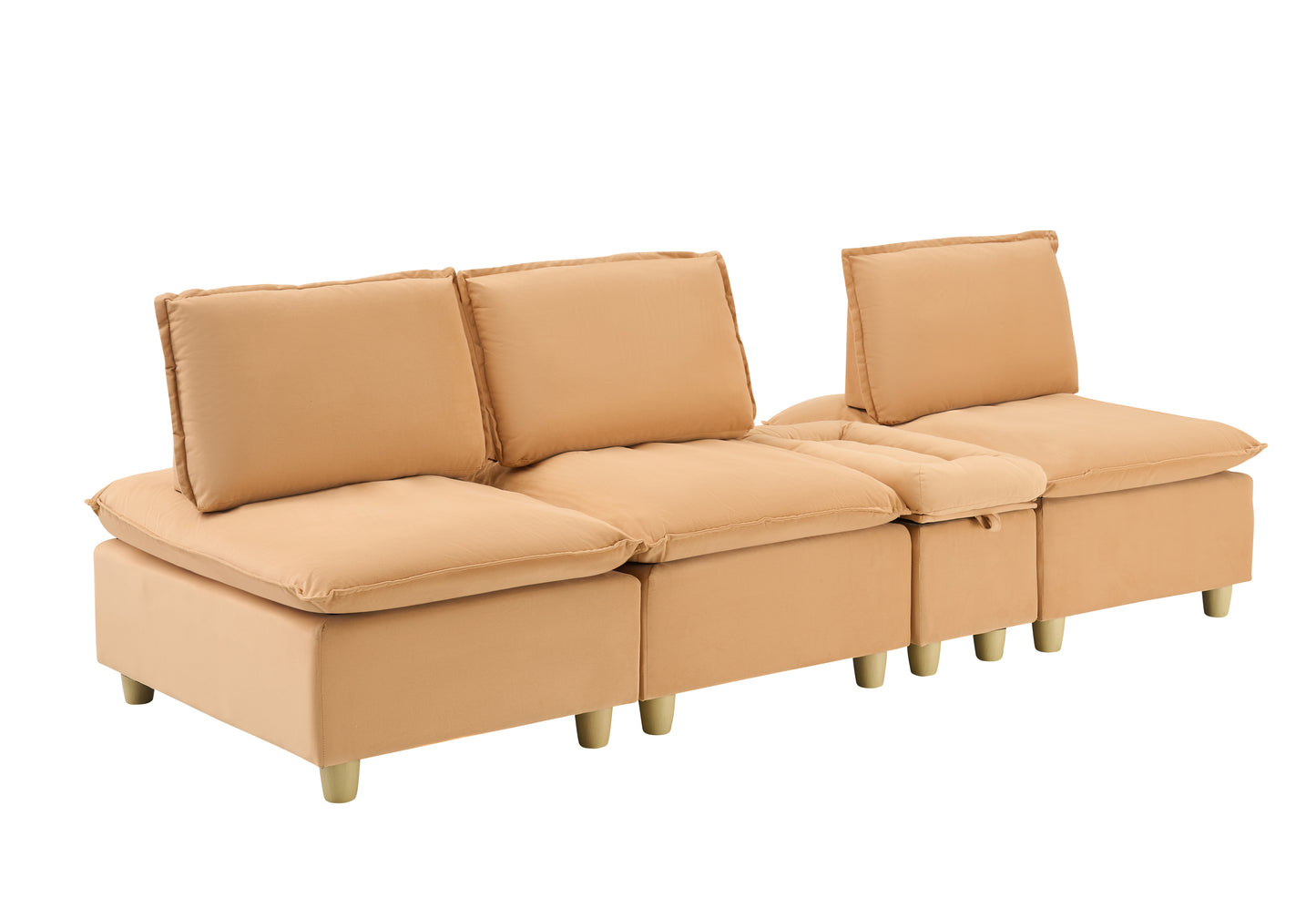 104-inch fashionable and minimalist straight-row three-seater pumpkin-colored flannel sofa with a storage compartment, cup holders and an adjustable backrest is suitable for living rooms and balconies