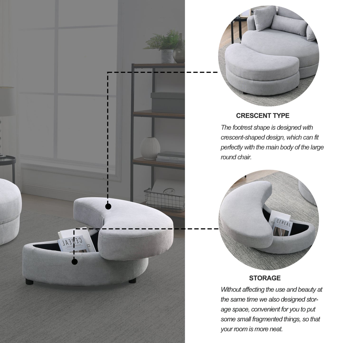 Swivel Accent Barrel Modern Grey Sofa Lounge Club Big Round Chair with Storage Ottoman Linen Fabric for Living Room Hotel with Pillows