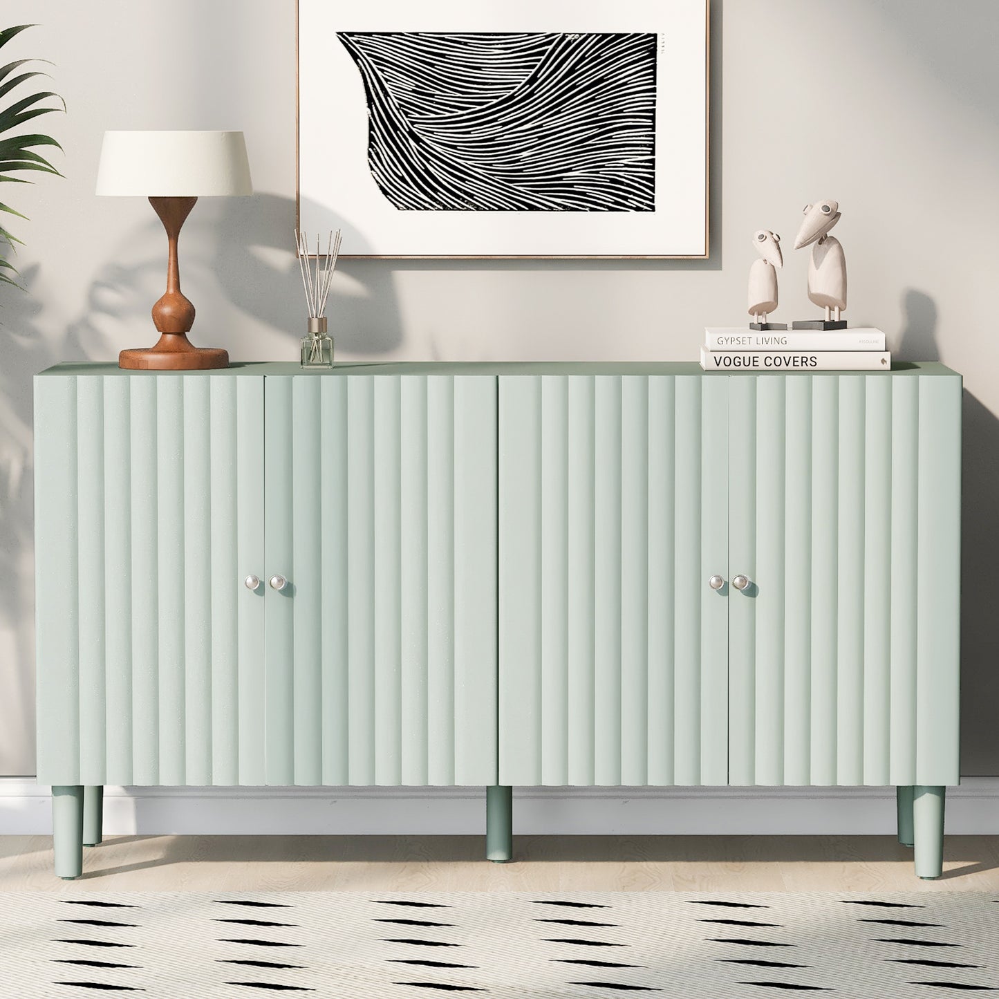 Elegant Four-Door Sideboard with Wavy Pattern Doors, Cylindrical Legs, and Sleek Metal Handles, Adjustable, Suitable for Study, Entryway and Living Room