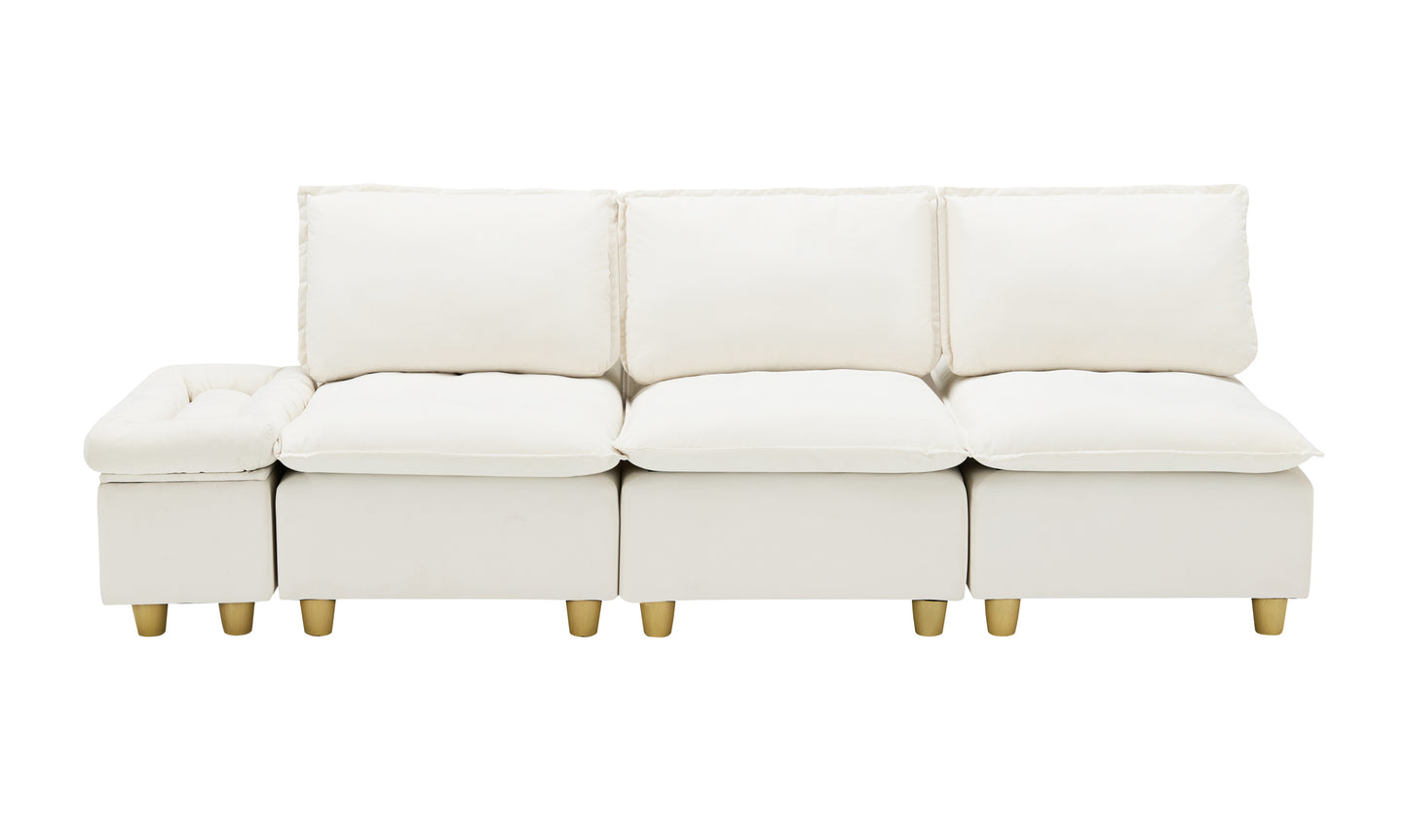 104-inch fashionable and minimalist straight-row three-seater off-white flannel sofa with a storage compartment, cup holders and an adjustable backrest, suitable for living rooms and balconies.