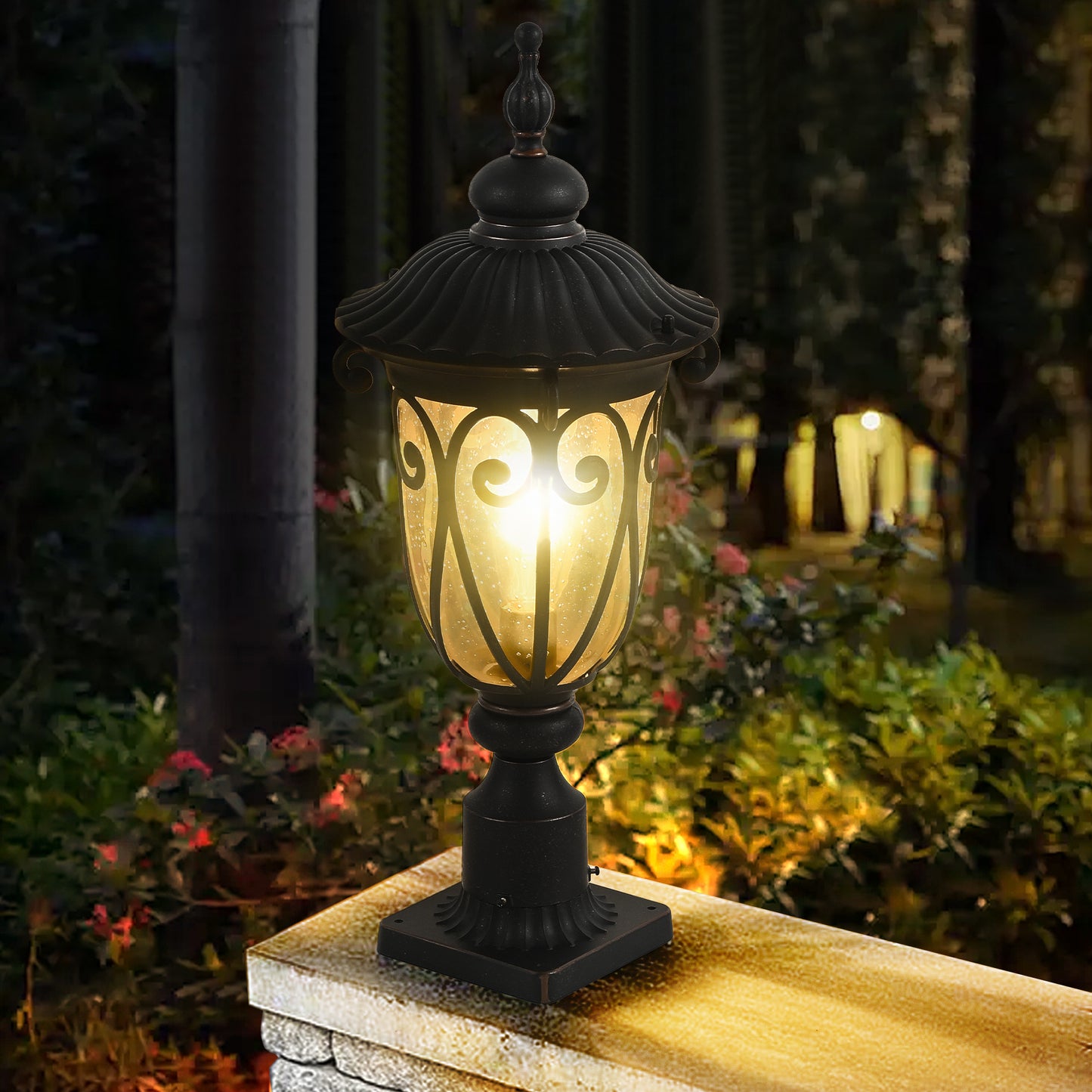 1-pack Vintage Black Outdoor Post Lantern - Waterproof Aluminum Lamp Post Light with Bubble Glass, Decorative Garden Pathway Lighting for Yard, Patio, or Driveway (Bulb Not Included)