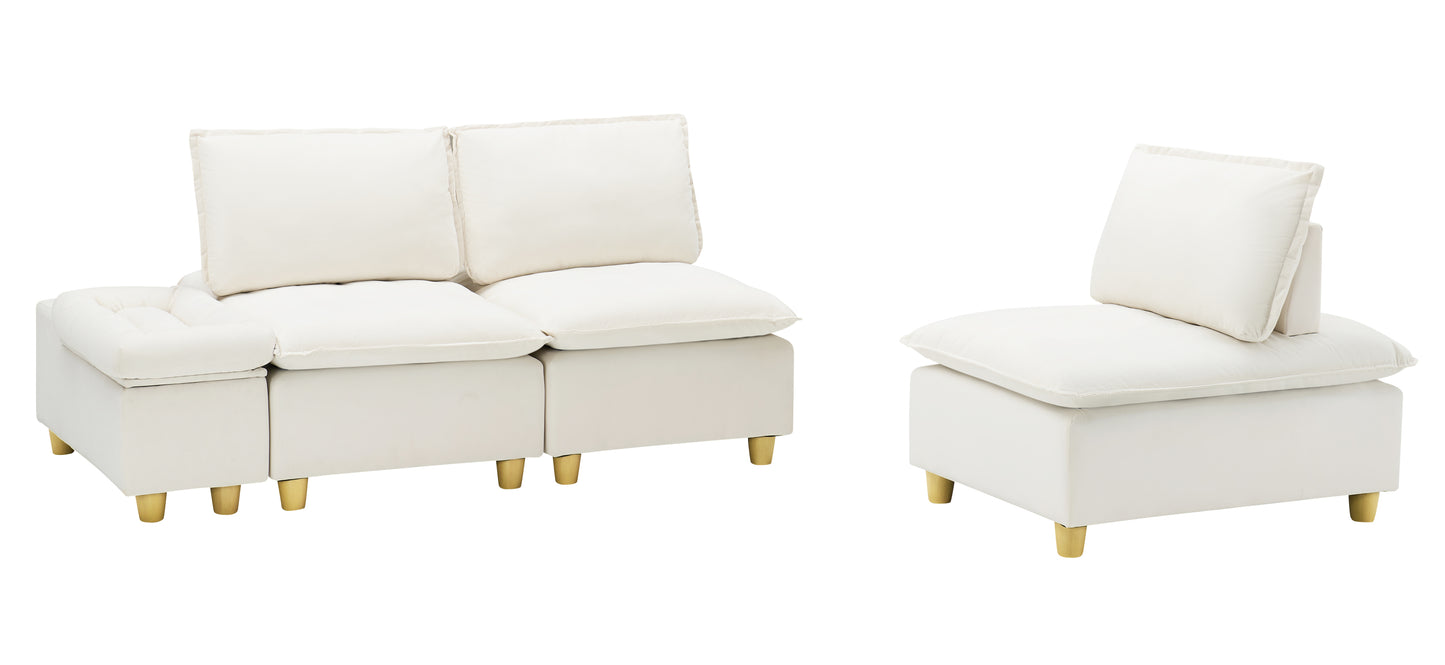 104-inch fashionable and minimalist straight-row three-seater off-white flannel sofa with a storage compartment, cup holders and an adjustable backrest, suitable for living rooms and balconies.