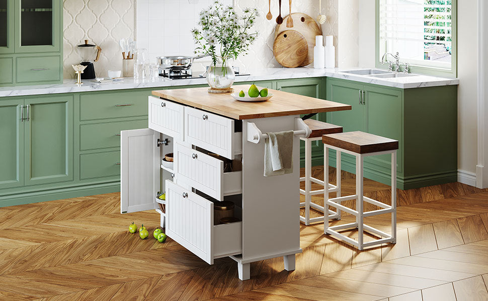 Farmhouse Kitchen Island Set with Drop Leaf and 2 Seatings,Dining Table Set with Storage Cabinet, Drawers and Towel Rack, White+Rustic Brown