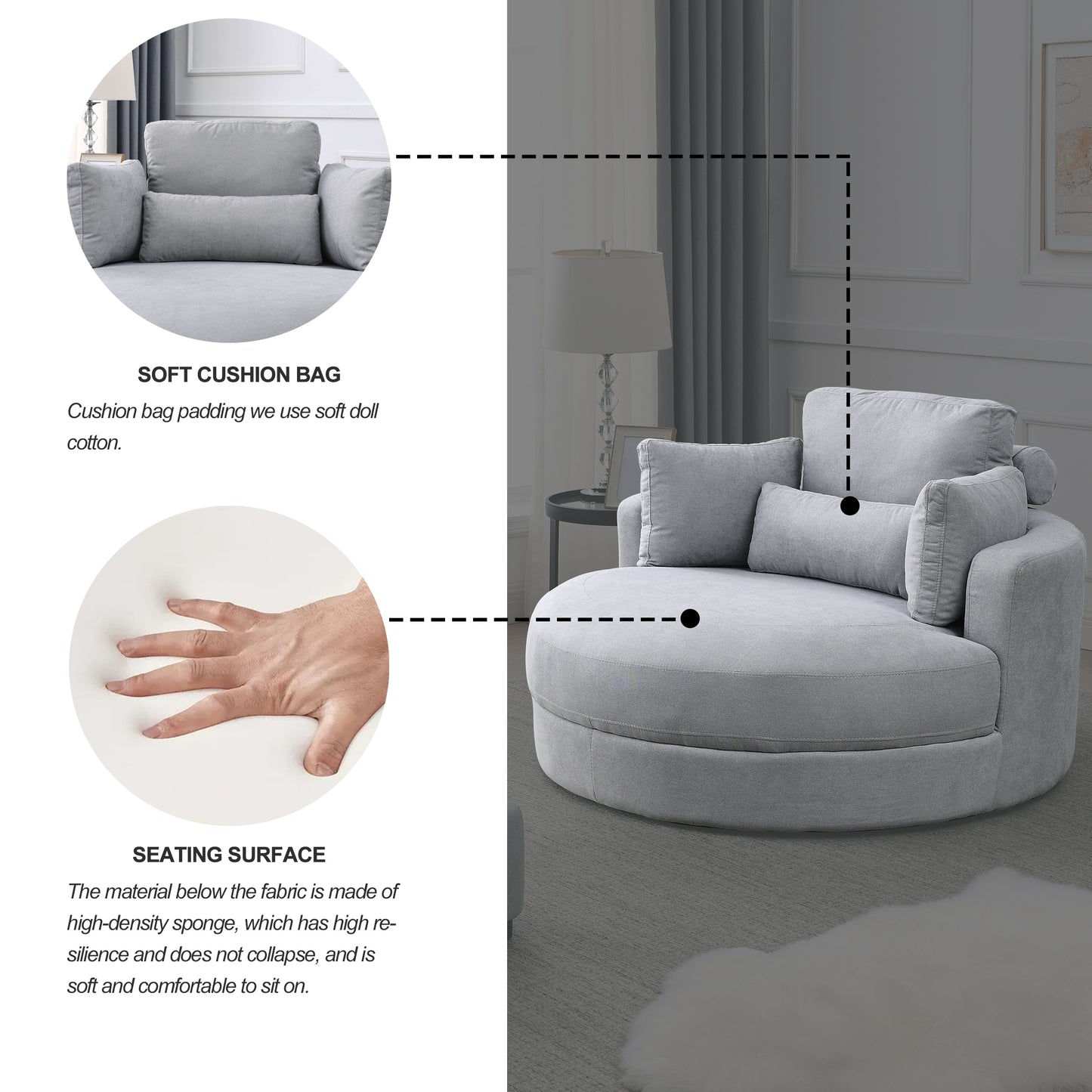 Swivel Accent Barrel Modern Grey Sofa Lounge Club Big Round Chair with Storage Ottoman Linen Fabric for Living Room Hotel with Pillows