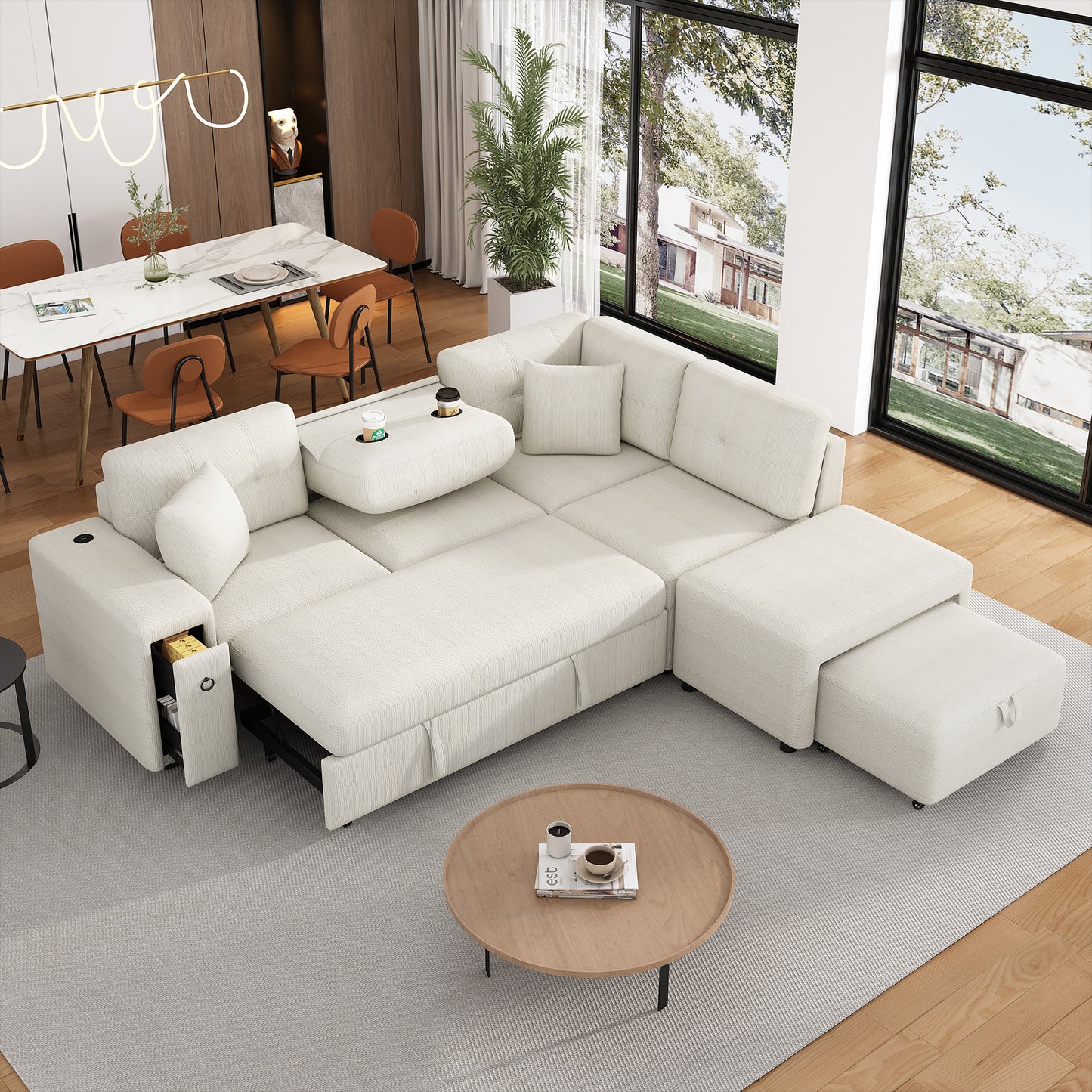86.6" Sectional Sofa L-shaped Sofa Couch Pull-out Sofa Bed with a Movable Ottoman, Two USB Ports and Two Cup Holders for Living Room, Beige