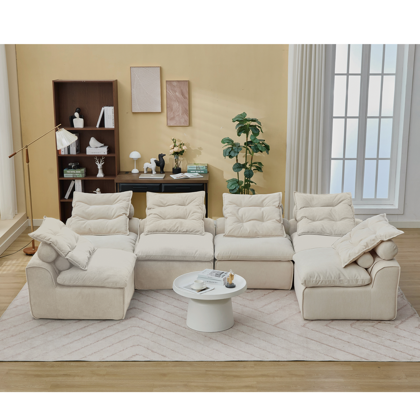 Modular Sofa,No Armrests,At will DIY,Corduroy ,Neck Pillow-Back Lounge Sofa Chair,Reading Nook, or Apartment Living, Lumbar Pillow,6 Seats,Upholstered,Beige