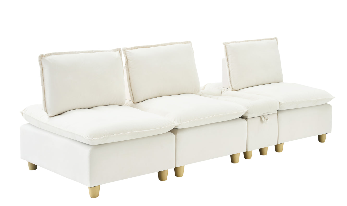 104-inch fashionable and minimalist straight-row three-seater off-white flannel sofa with a storage compartment, cup holders and an adjustable backrest, suitable for living rooms and balconies.