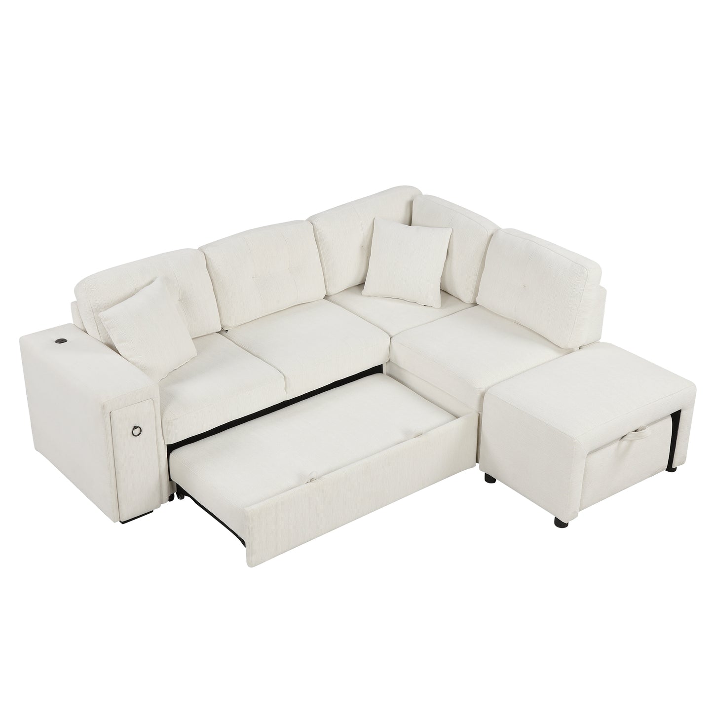 86.6" Sectional Sofa L-shaped Sofa Couch Pull-out Sofa Bed with a Movable Ottoman, Two USB Ports and Two Cup Holders for Living Room, Beige