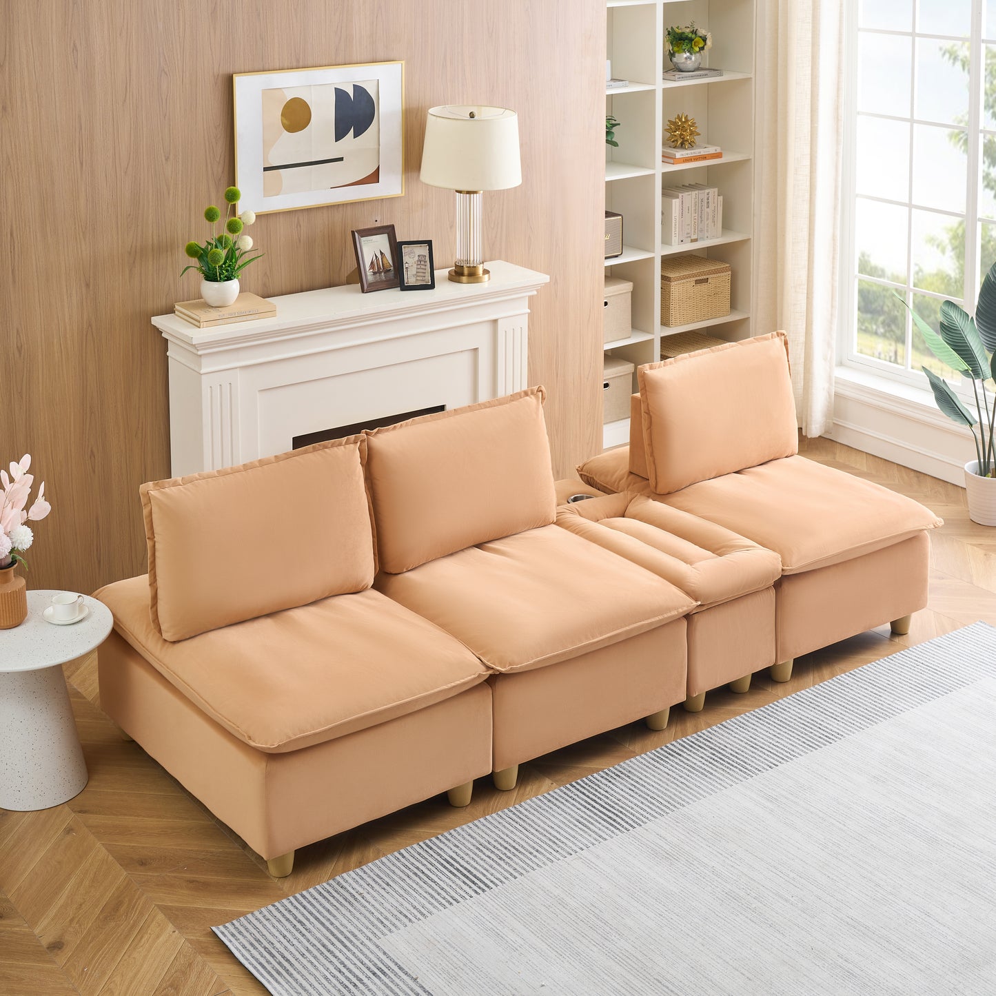 104-inch fashionable and minimalist straight-row three-seater pumpkin-colored flannel sofa with a storage compartment, cup holders and an adjustable backrest is suitable for living rooms and balconies