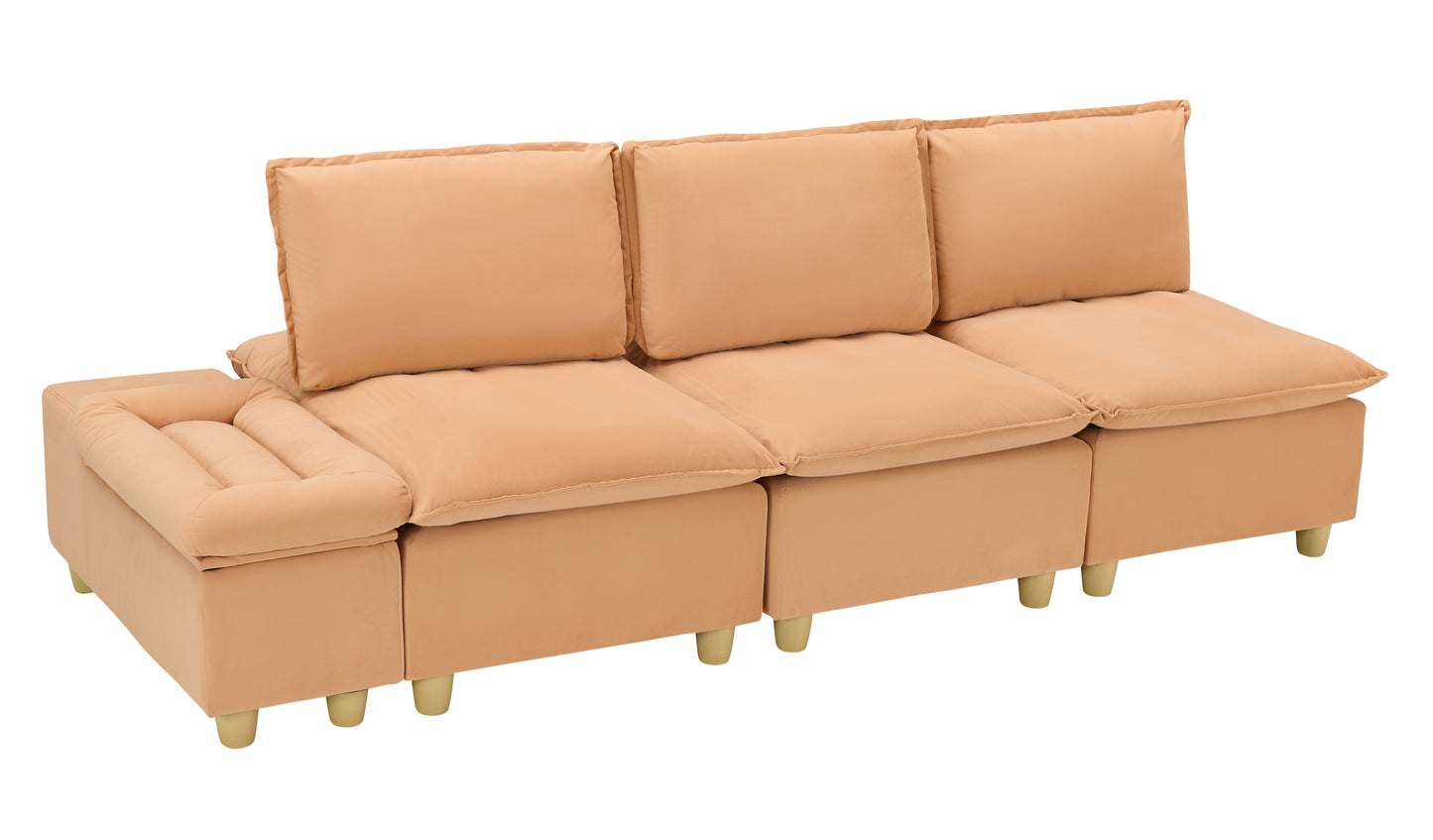 104-inch fashionable and minimalist straight-row three-seater pumpkin-colored flannel sofa with a storage compartment, cup holders and an adjustable backrest is suitable for living rooms and balconies