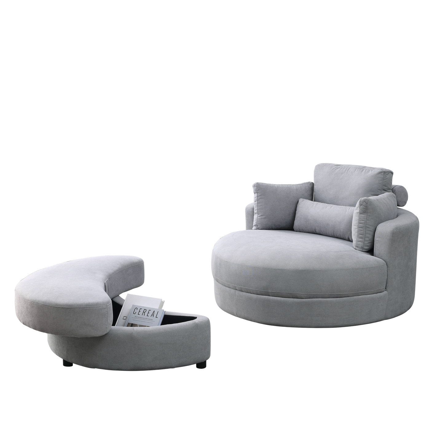 Swivel Accent Barrel Modern Grey Sofa Lounge Club Big Round Chair with Storage Ottoman Linen Fabric for Living Room Hotel with Pillows