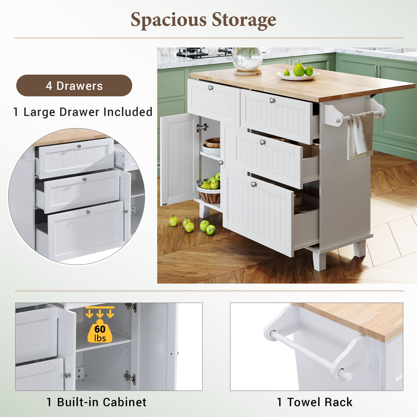 Farmhouse Kitchen Island Set with Drop Leaf and 2 Seatings,Dining Table Set with Storage Cabinet, Drawers and Towel Rack, White+Rustic Brown