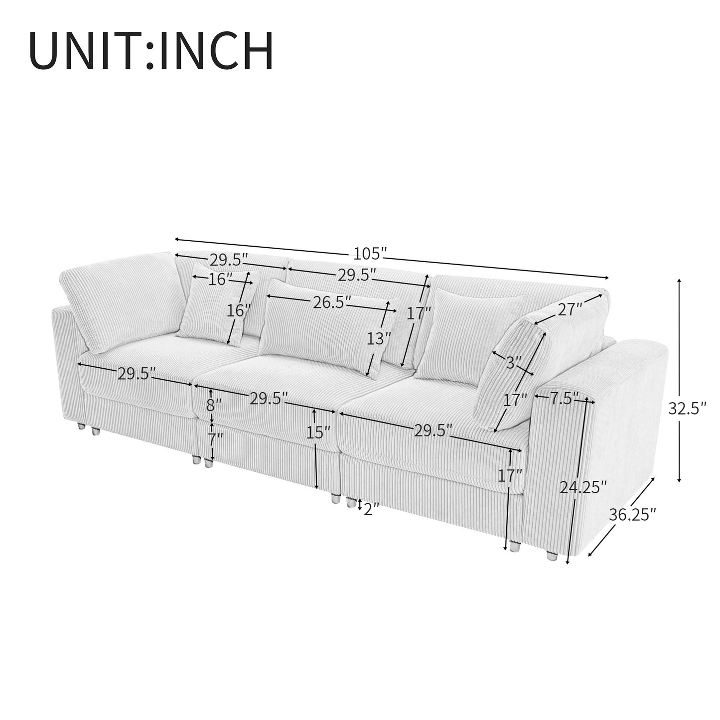 105'' 3 Seater Sofa with Removable Back Cushions and 5 Pillows , for Living Room, Apartment, Spacious Space