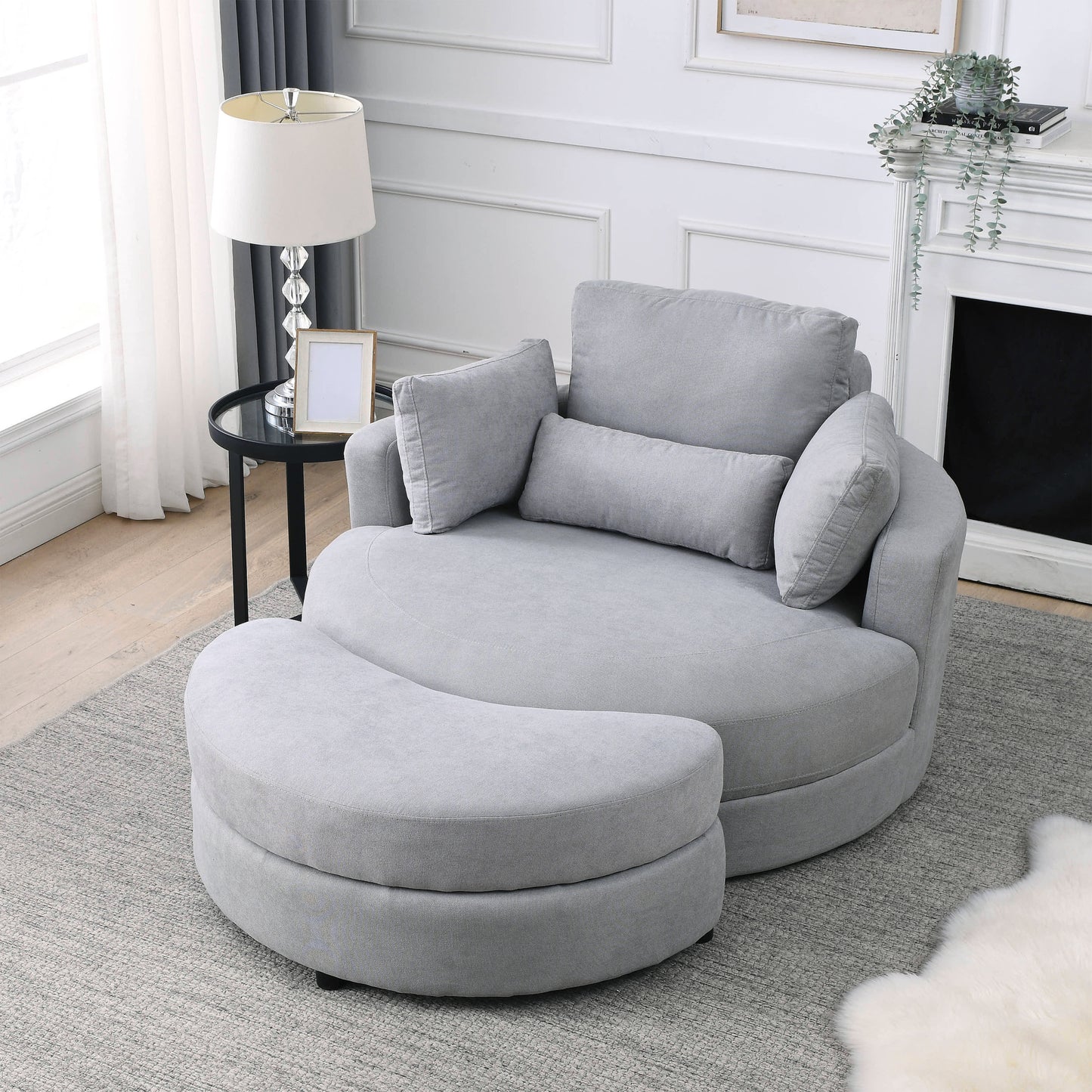 Swivel Accent Barrel Modern Grey Sofa Lounge Club Big Round Chair with Storage Ottoman Linen Fabric for Living Room Hotel with Pillows