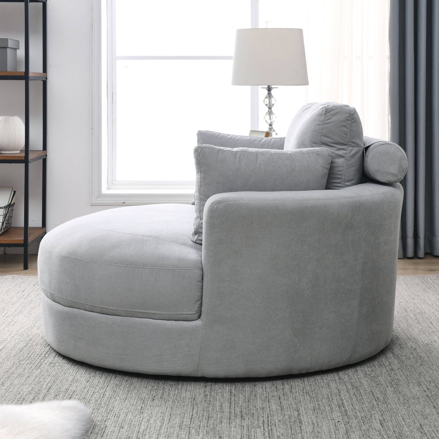 Swivel Accent Barrel Modern Grey Sofa Lounge Club Big Round Chair with Storage Ottoman Linen Fabric for Living Room Hotel with Pillows